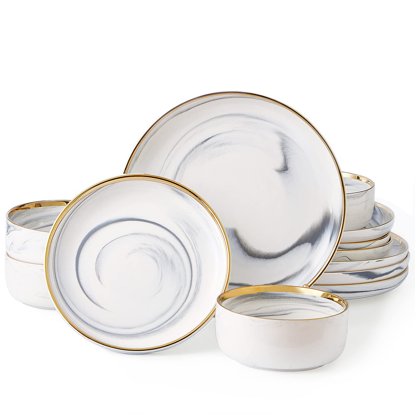 POKINI 12-Piece Modern Luxury Gold Rim Porcelain Dishware Sets