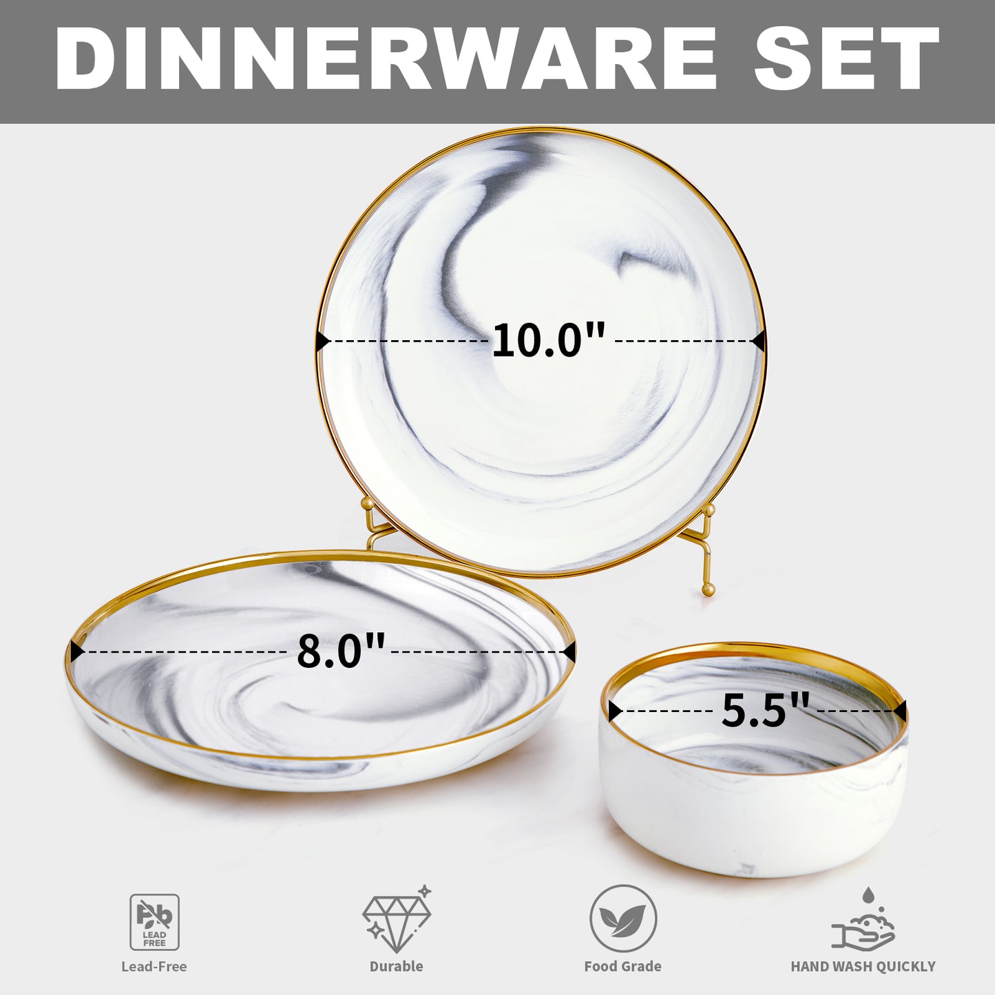 POKINI 12-Piece Modern Luxury Gold Rim Porcelain Dishware Sets