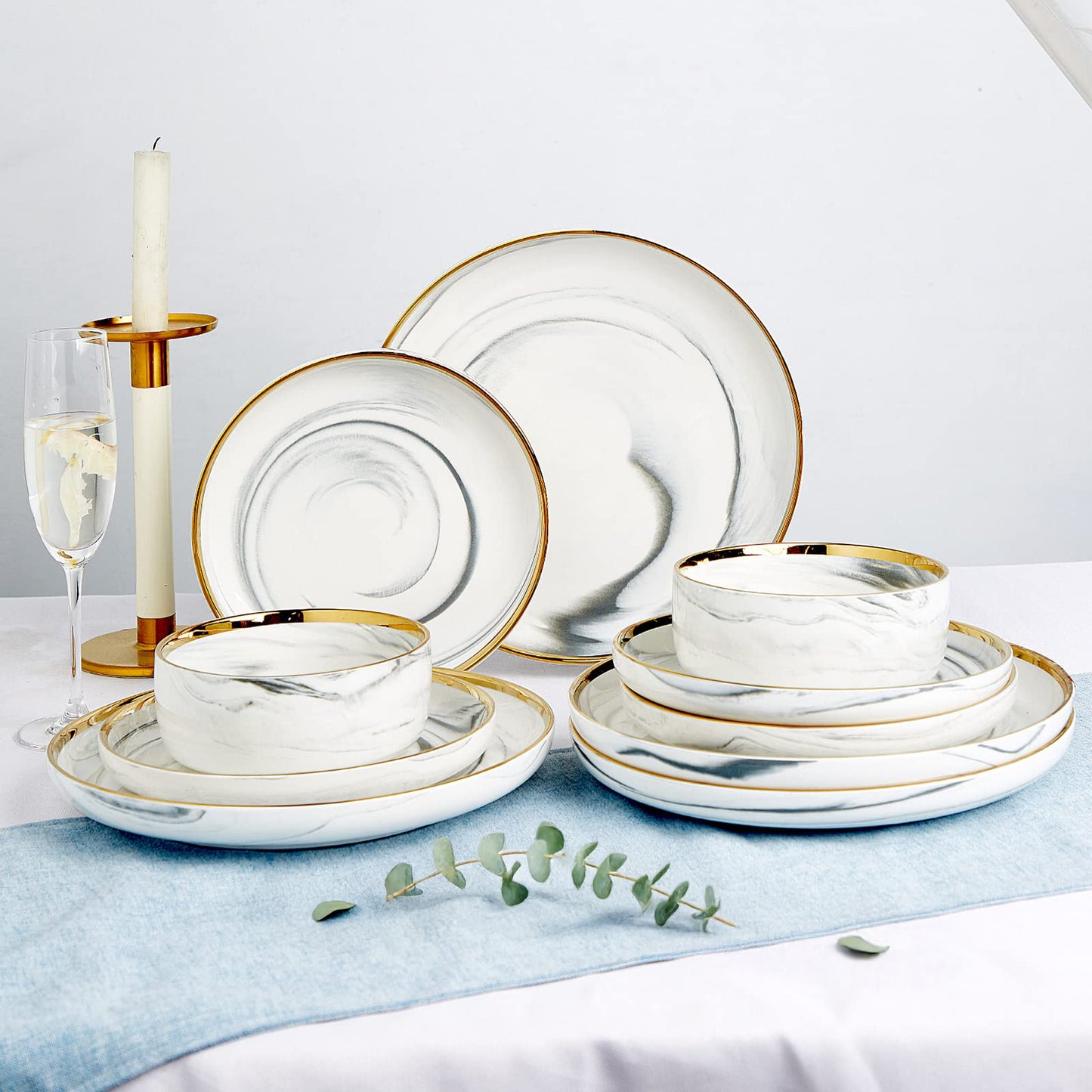 POKINI 12-Piece Modern Luxury Gold Rim Porcelain Dishware Sets