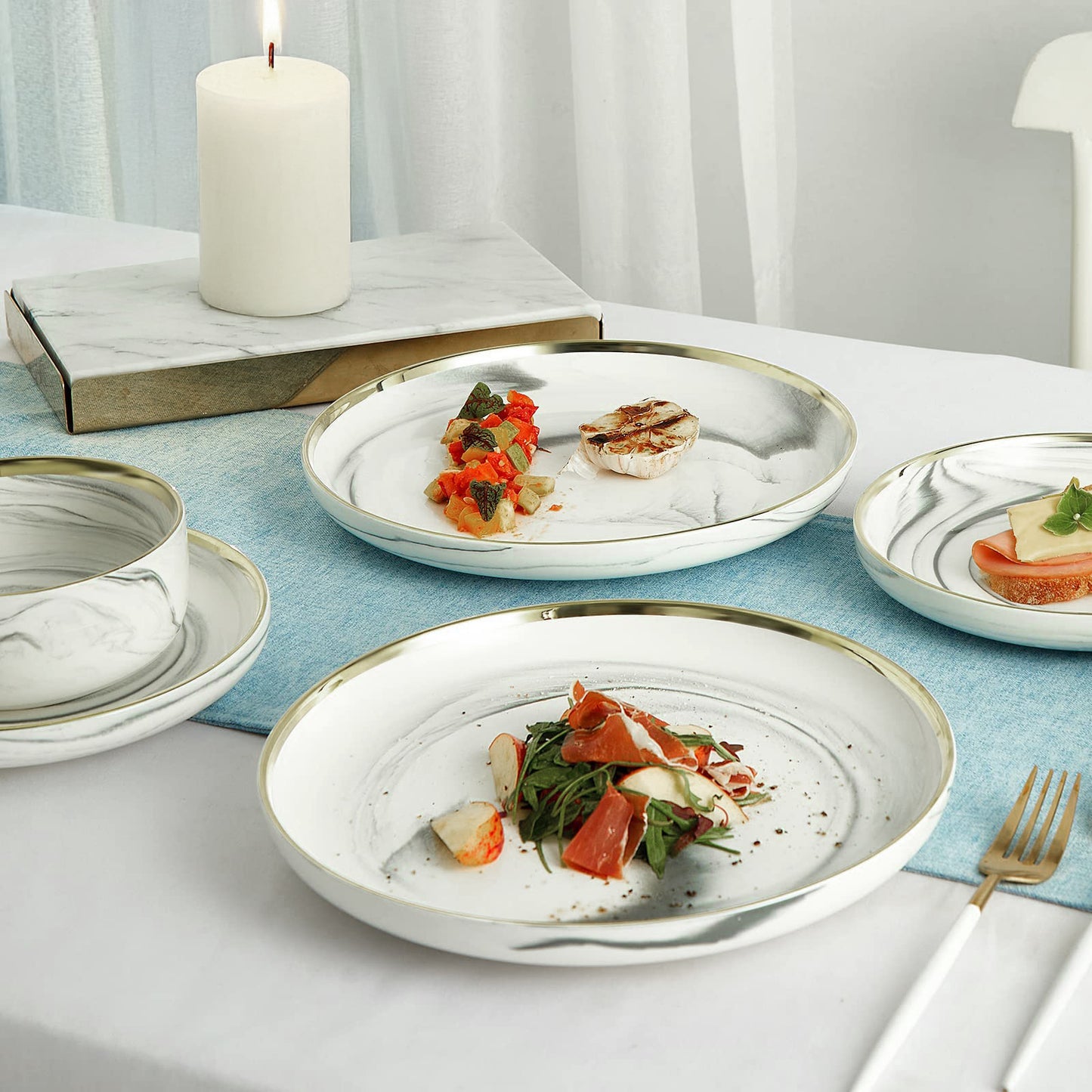 POKINI 12-Piece Modern Luxury Gold Rim Porcelain Dishware Sets