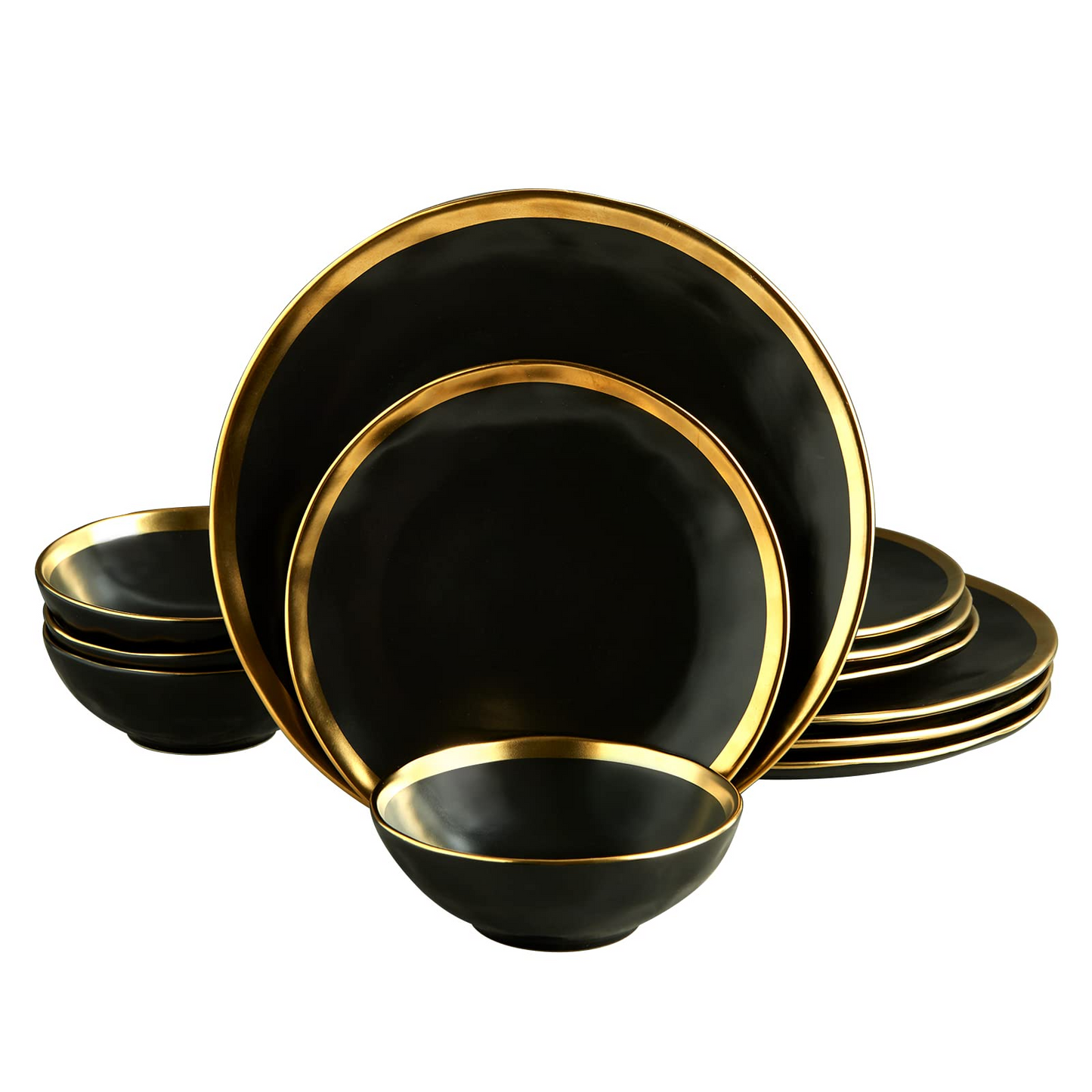 POKINI 12-Piece Modern Luxury Gold Rim Porcelain Dishware Sets