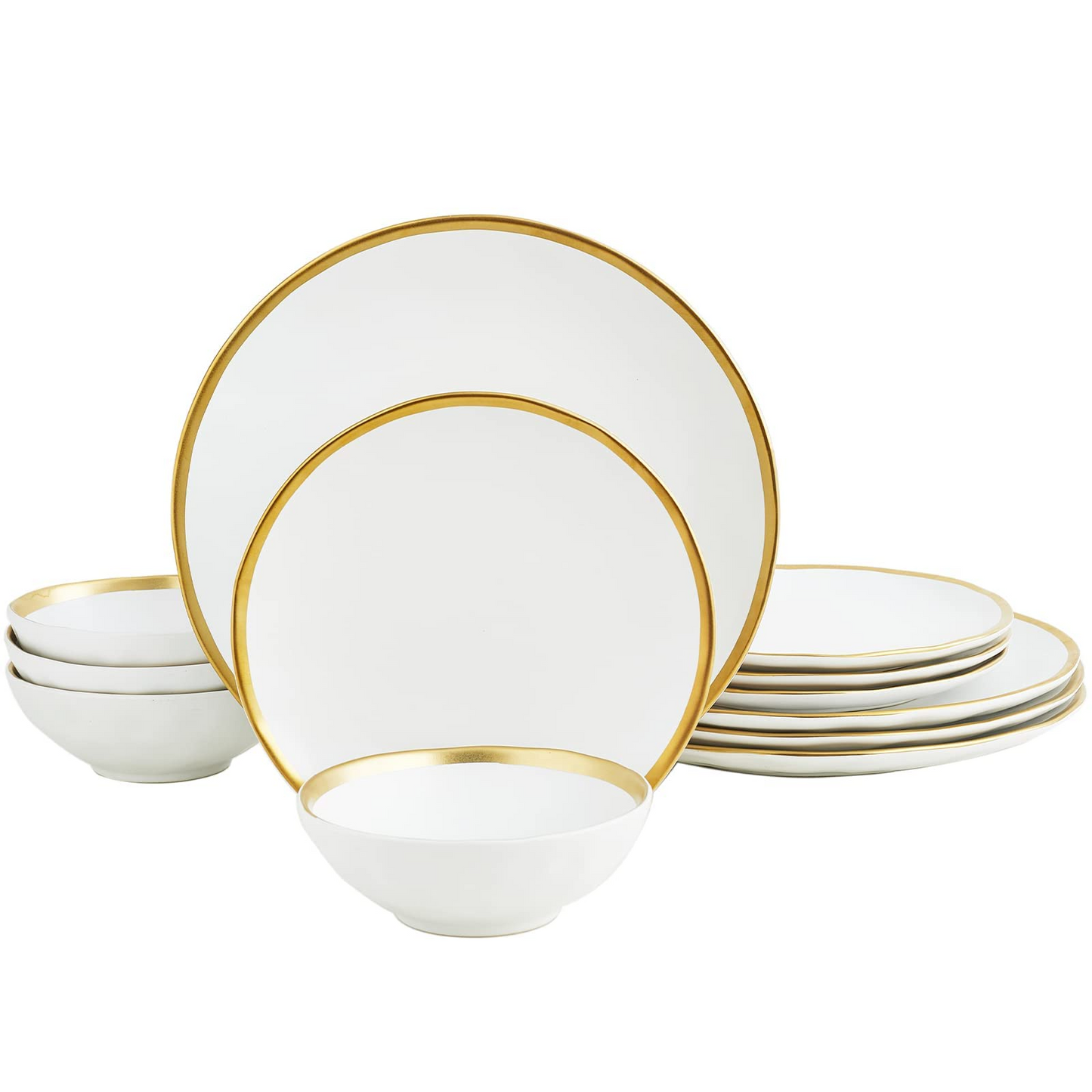 POKINI 12-Piece Modern Luxury Gold Rim Porcelain Dishware Sets