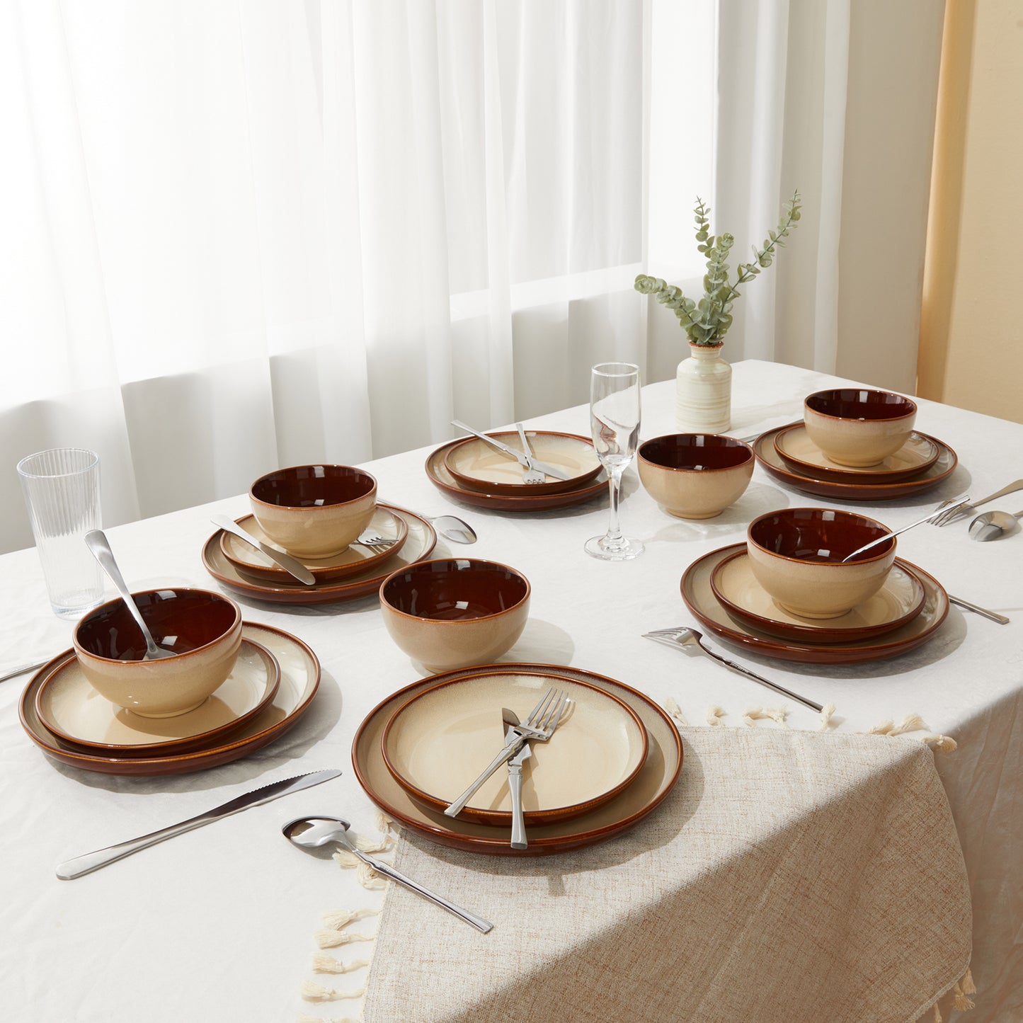 Ceramic Dinnerware Sets for 6, 18 Pieces Stoneware Plates and Bowls Sets, Chip and Crack Resistant Dishes, Dishwasher & Microwave Safe Dishware Sets, Brown Yellow