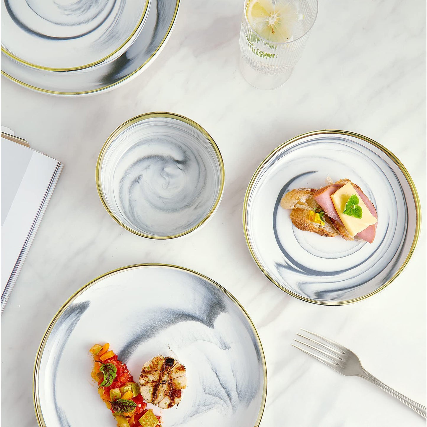 POKINI 12-Piece Modern Luxury Gold Rim Porcelain Dishware Sets