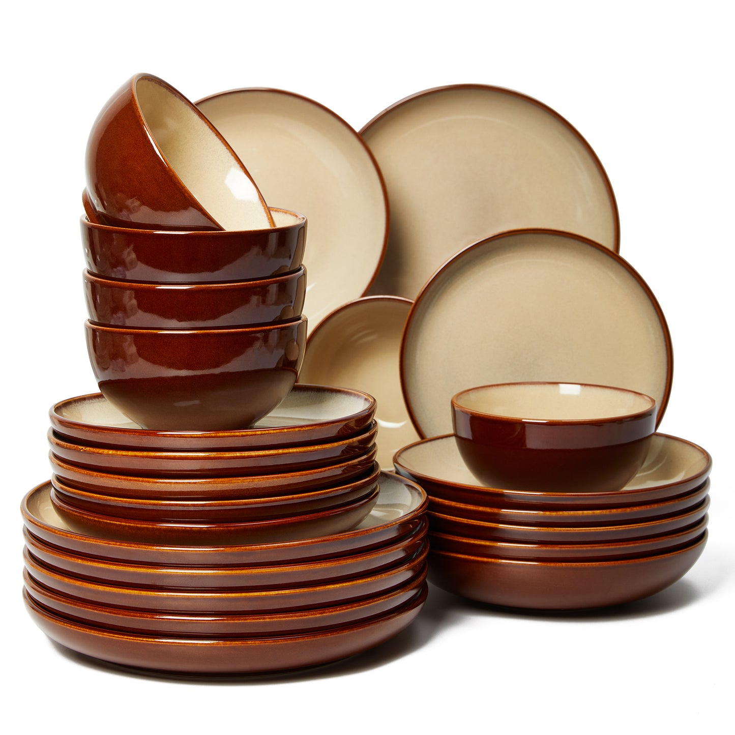 Plates and Bowls Set, POKINI 18 Pieces Stoneware Dinnerware Set, Microwave & Dishwasher Safe Dish Sets, Modern Ceramic Dinner Salad Plates | Cereal Bowls, Dishes Set for 6, Brown Yellow