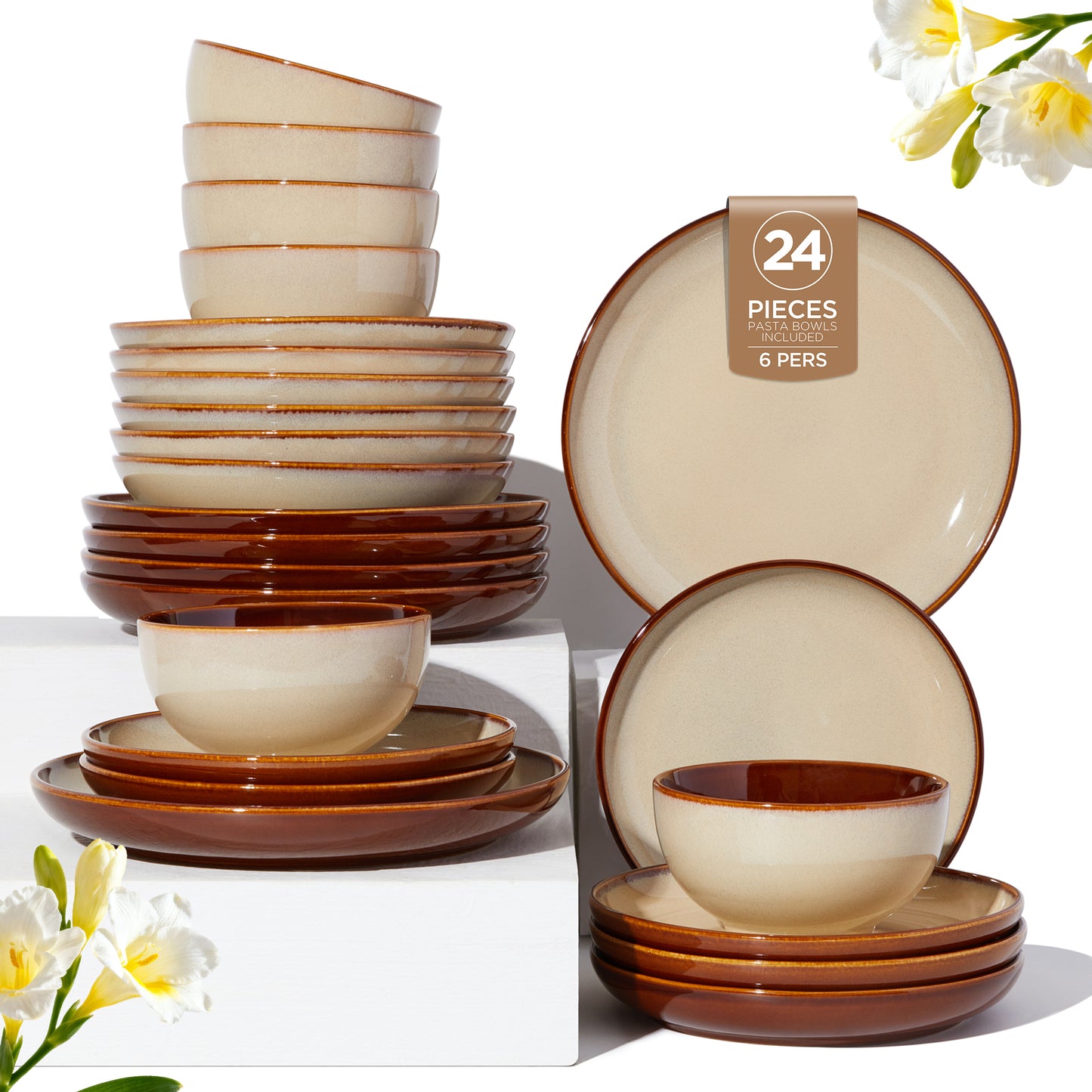 Dinnerware Set, 18 Pieces Stoneware Plates and Bowls Set, Handmade Reactive Glaze Dishes Set, Scratch Resistan Round Ceramic Dish Sets Service for 6, Dishwasher & Microwave Safe, Brown Yellow