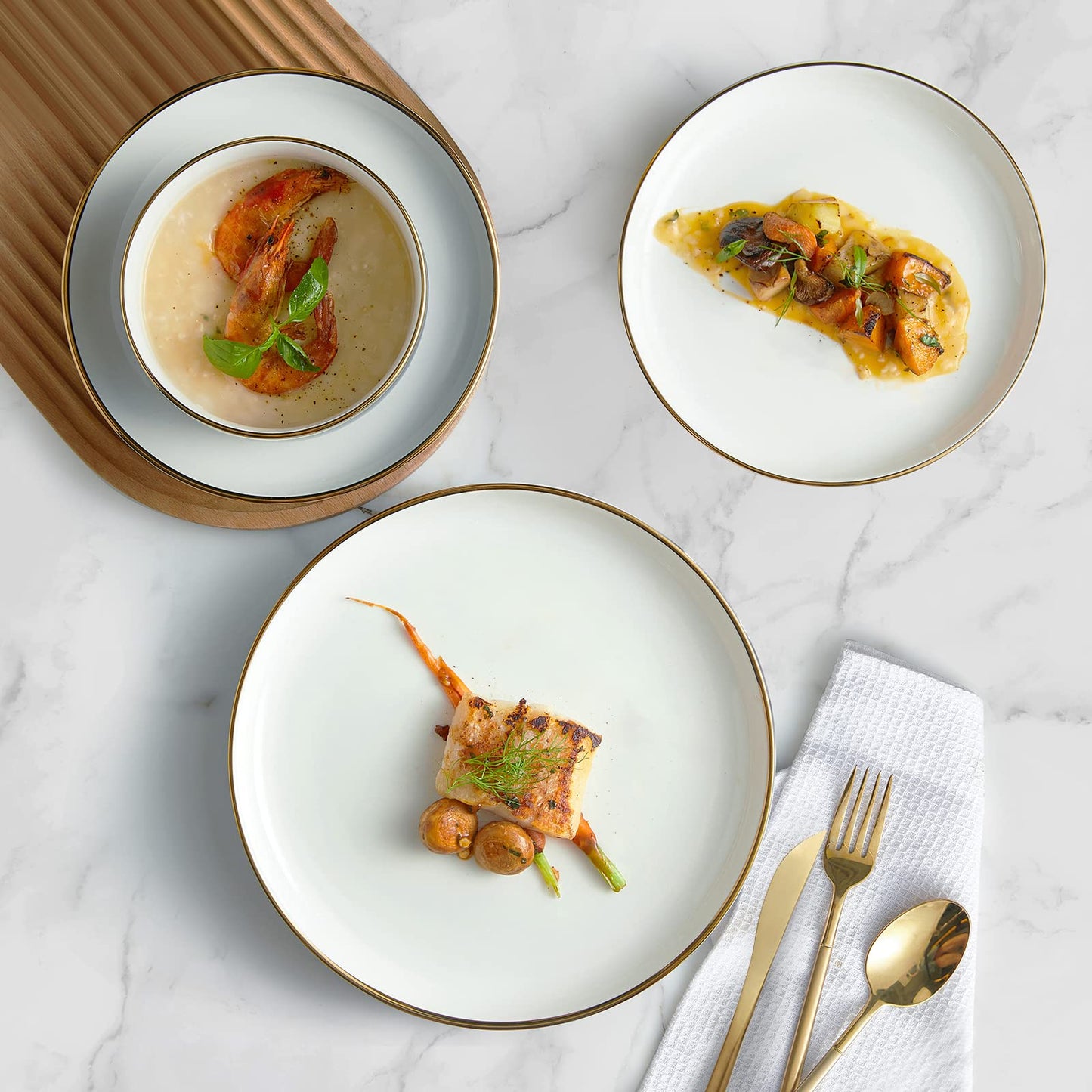 POKINI 12-Piece Modern Luxury Gold Rim Porcelain Dishware Sets