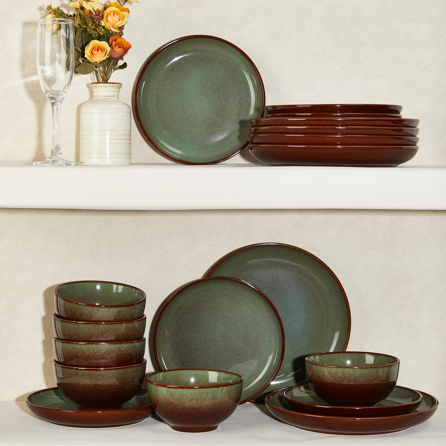 Pokini 36-Piece Stoneware Dinnerware Sets, Plates and Bowls Dish Sets for 12, Brown Green