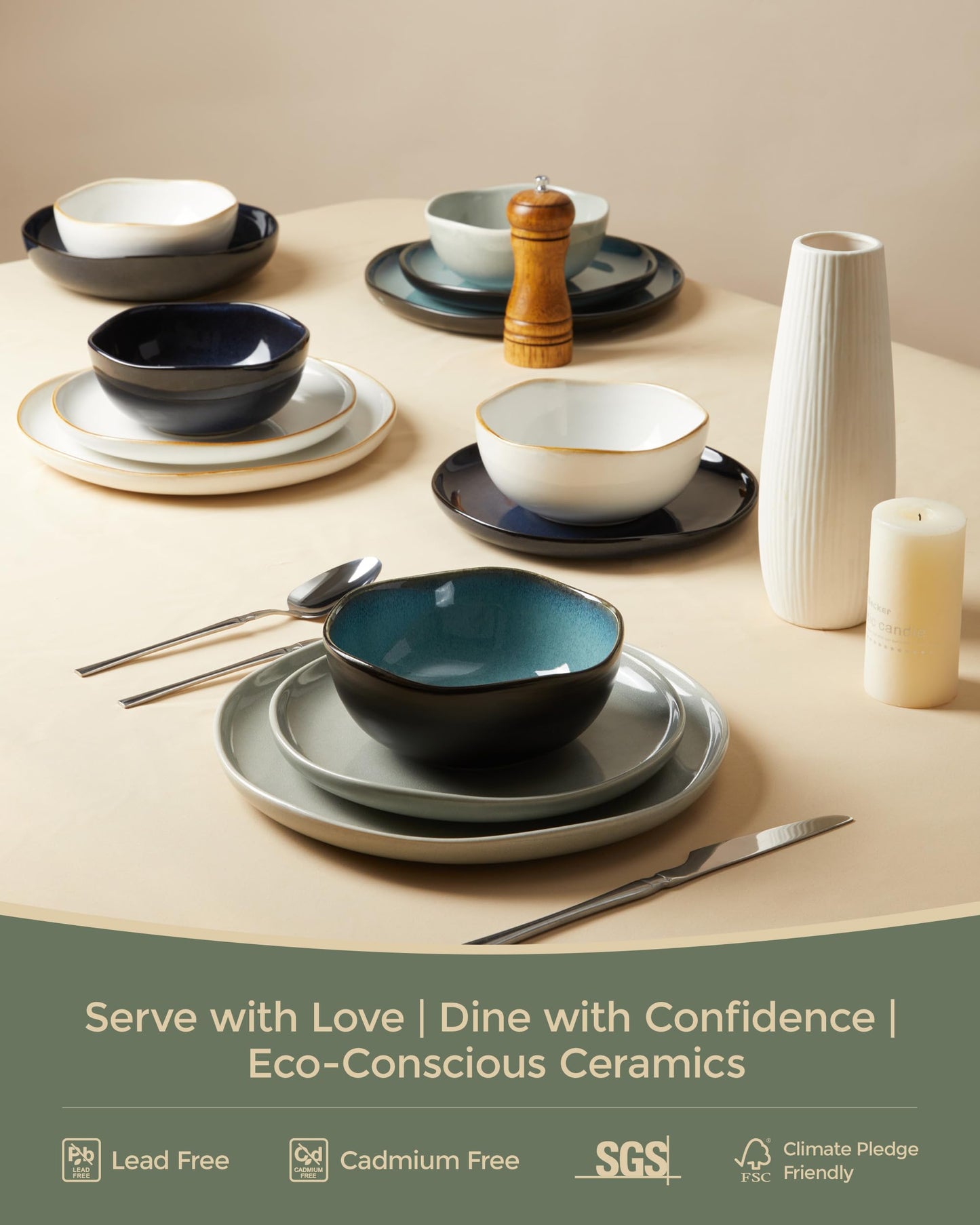 Pokini Large Holiday Dinnerware Sets for 8, Ceramic Plates and Bowls Set, Kitchen Dish Set, Microwave & Dishwasher Safe Dishware, Perfect for Christmas & Thanksgiving, Gray Green
