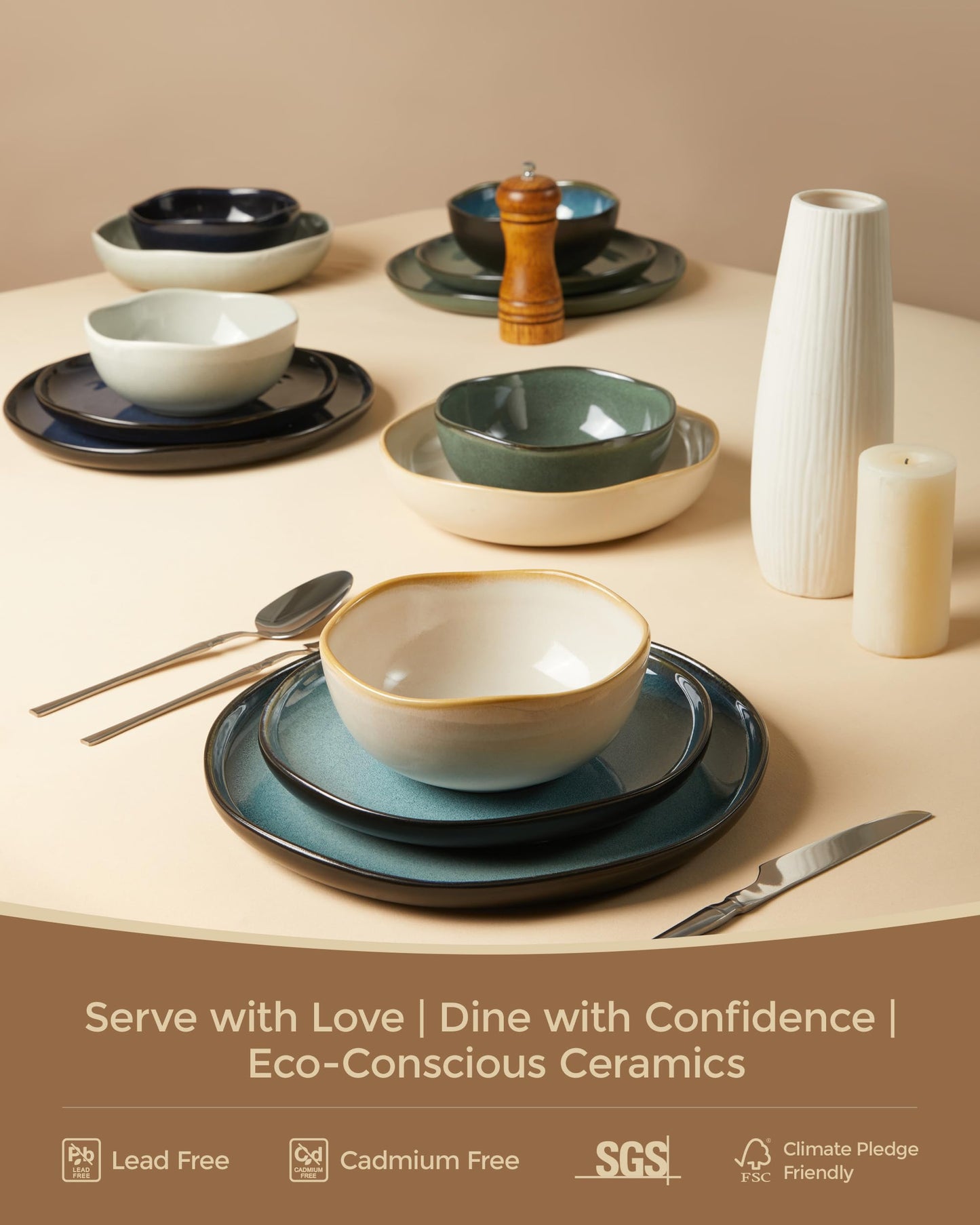 Pokini Ceramic Plates and Bowls Set, Everyday Dinnerware Set for 4, Wavy Rim Kitchen Dish Set, Chip Resistant Dishware Sets, Dishwasher Safe Dinner Set, Designed for Simple Meals, Yellow White