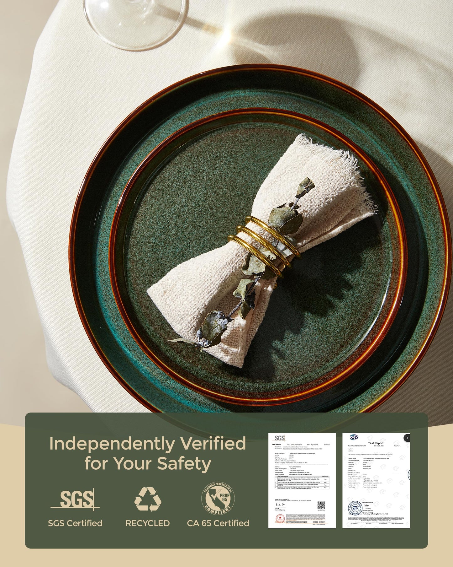 Pokini Stoneware Dinnerware Set for 4, 12PCS Plates and Bowls Set, Microwave & Dishwasher Safe Dinner Set, Modern Handmade Durable Dish Sets, Brown Green