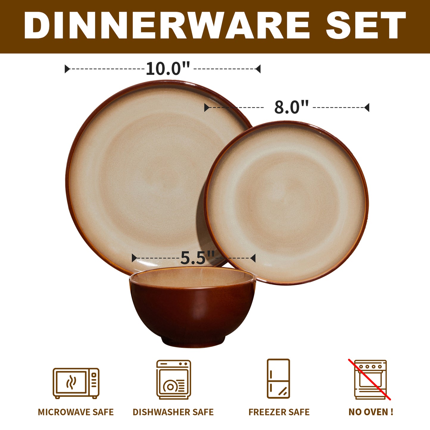 Pokini 12-Piece Stoneware Dinnerware Sets, Plates and Bowls Dish Sets for 4, Brown Yellow