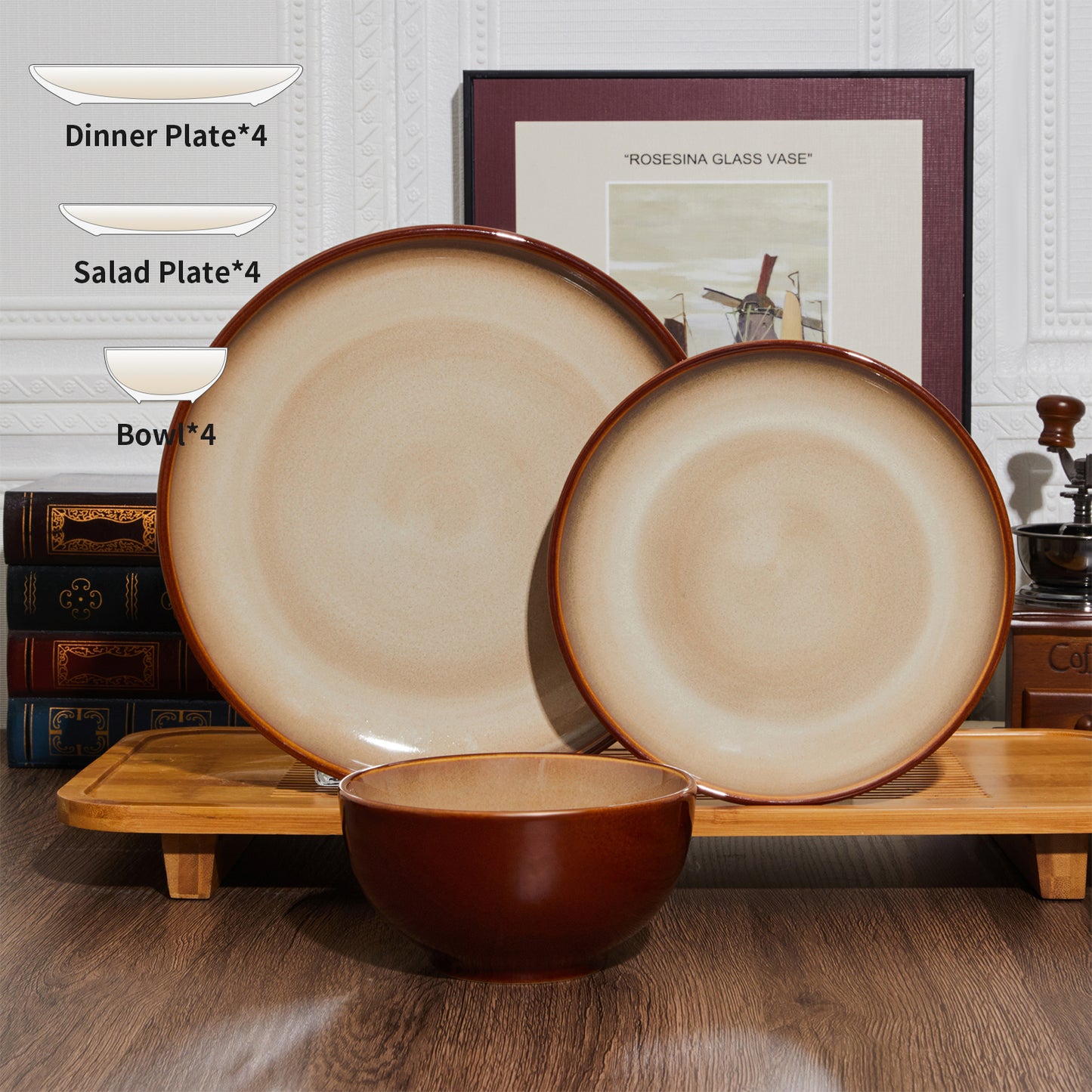 Pokini 12-Piece Stoneware Dinnerware Sets, Plates and Bowls Dish Sets for 4, Brown Yellow