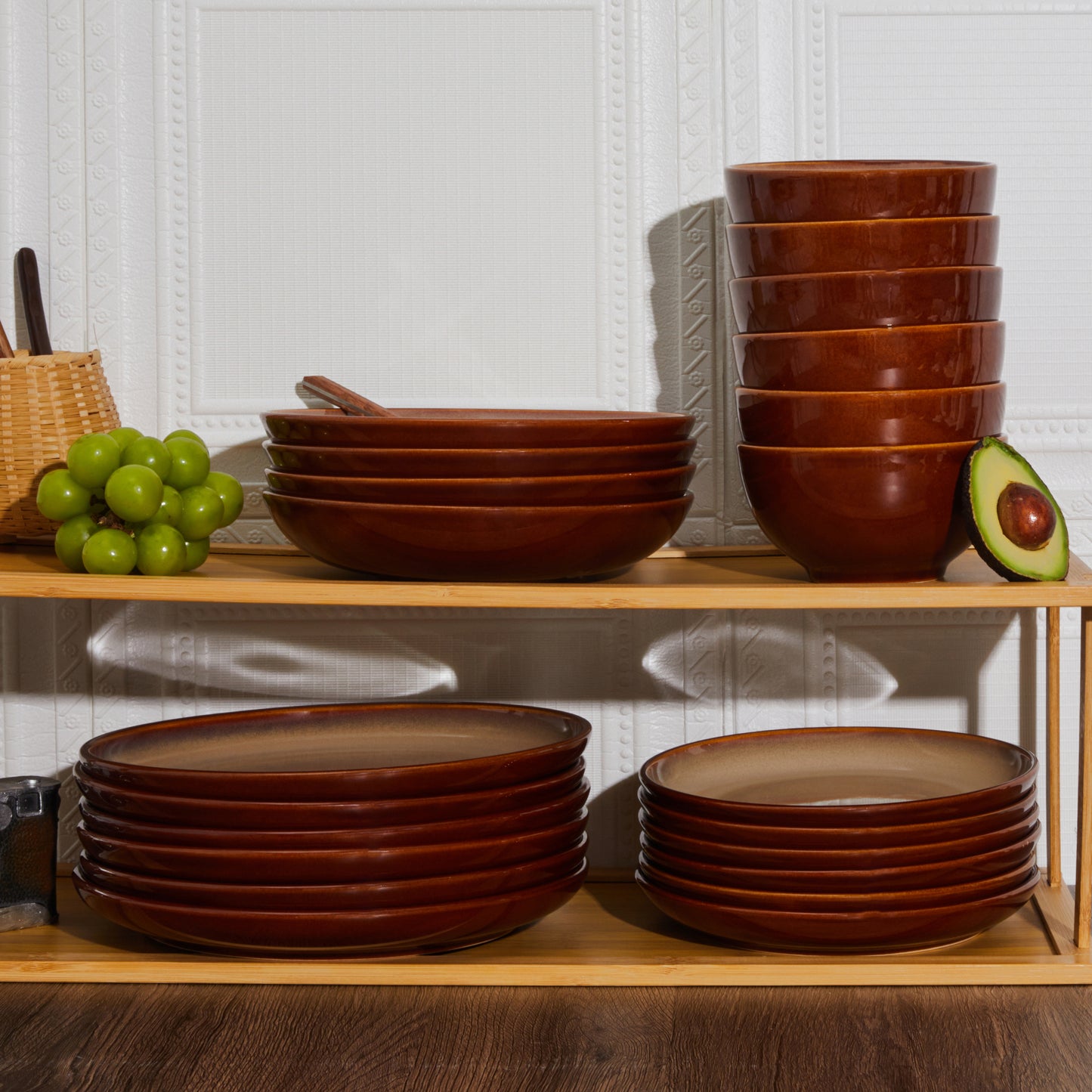 Pokini 12-Piece Stoneware Dinnerware Sets, Plates and Bowls Dish Sets for 4, Brown Yellow