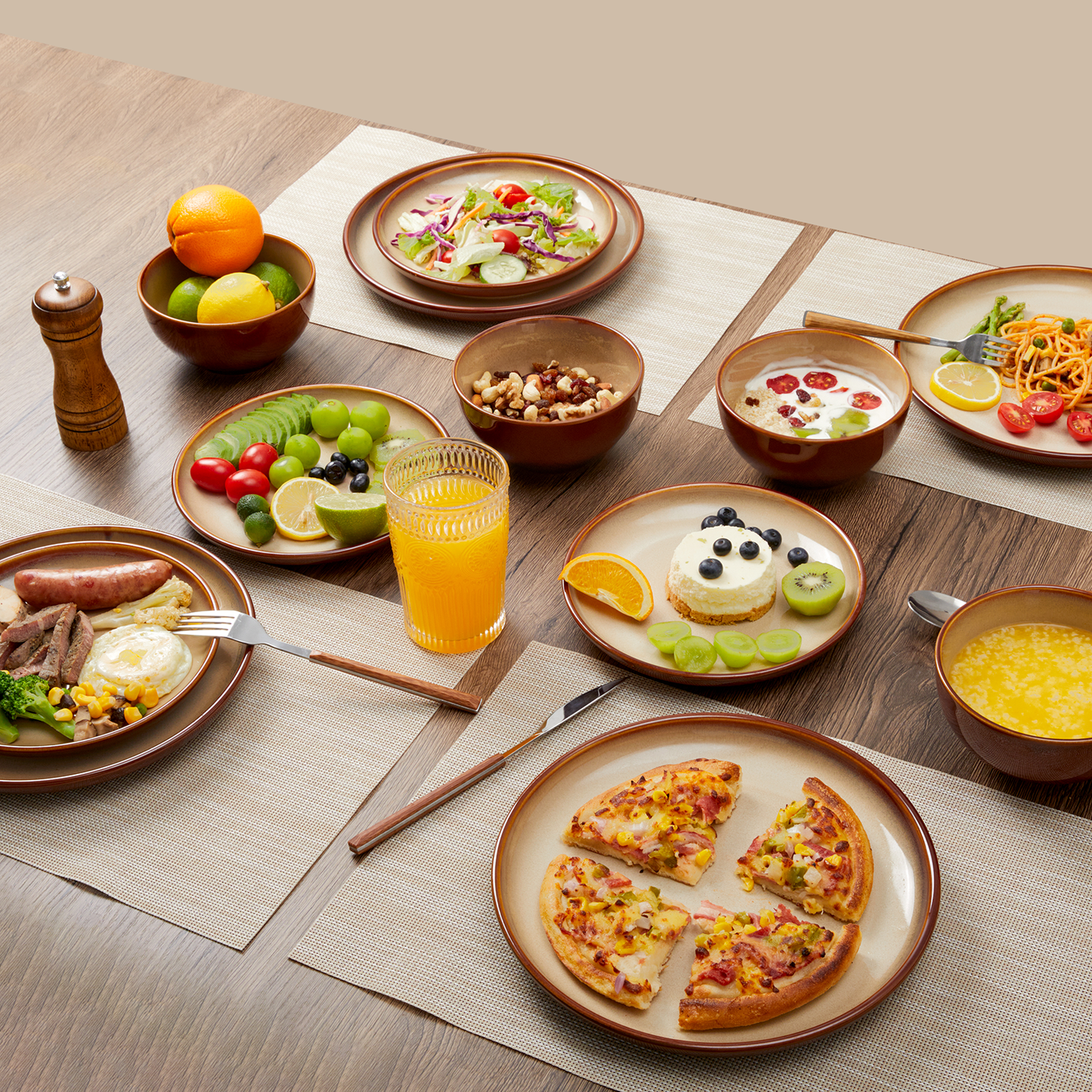 Pokini 12-Piece Stoneware Dinnerware Sets, Plates and Bowls Dish Sets for 4, Brown Yellow