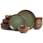 Pokini 18-Piece Stoneware Dinnerware Sets, Plates and Bowls Dish Sets for 6, Brown Green