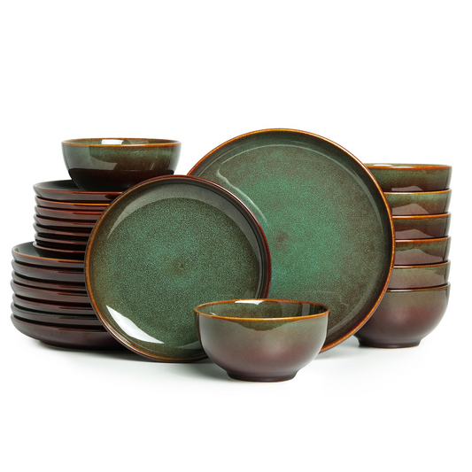 Pokini 24-Piece Stoneware Dinnerware Sets, Plates and Bowls Dish Sets for 8, Brown Green