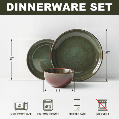 Pokini 24-Piece Stoneware Dinnerware Sets, Plates and Bowls Dish Sets for 8, Brown Green