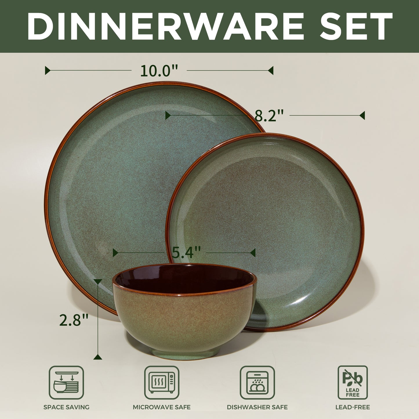 Pokini Stoneware Dinnerware Sets, Ceramic Plates and Bowls Sets, Microwaveable & Dishwasher Safe Dish Sets for 4, Kitchen Dinner Plates & Cereal Bowls, Sage Green