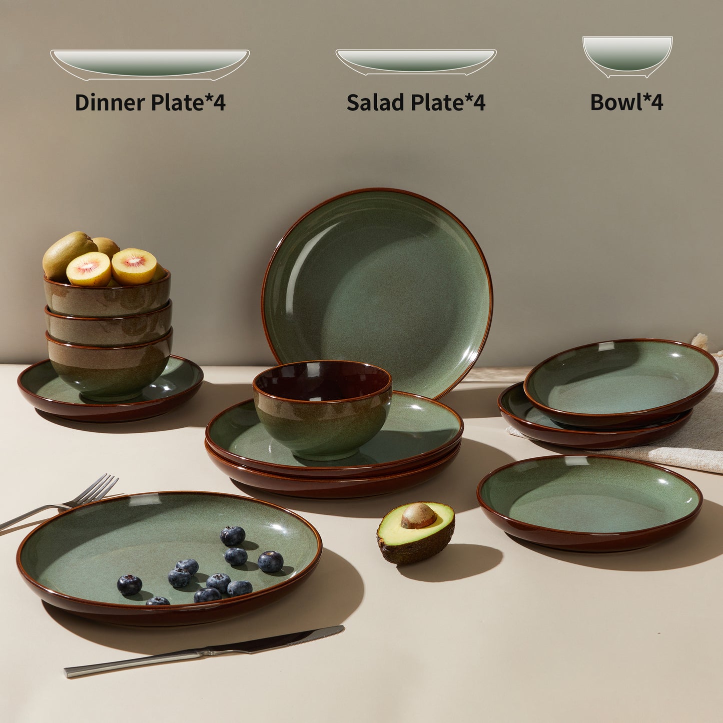 Pokini Stoneware Dinnerware Sets, Ceramic Plates and Bowls Sets, Microwaveable & Dishwasher Safe Dish Sets for 4, Kitchen Dinner Plates & Cereal Bowls, Sage Green