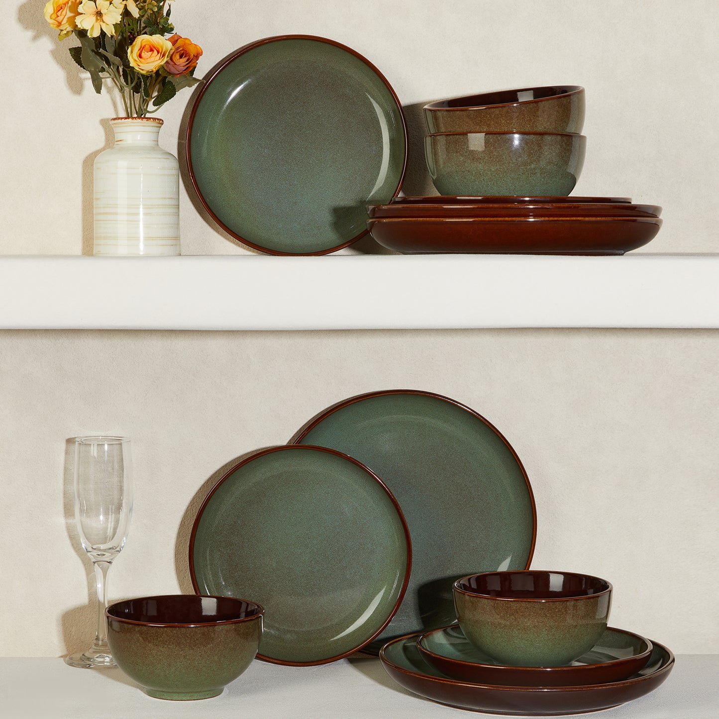 Pokini Stoneware Dinnerware Sets, Ceramic Plates and Bowls Sets, Microwaveable & Dishwasher Safe Dish Sets for 4, Kitchen Dinner Plates & Cereal Bowls, Sage Green