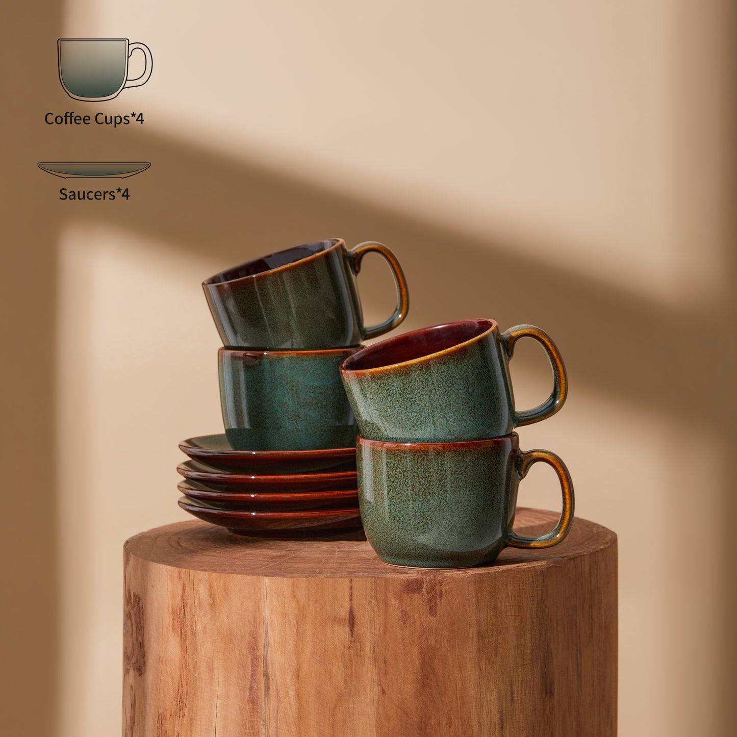 Pokini Stoneware Coffee Cups with Saucers, 6 Oz Cappuccino Cups Set of 4