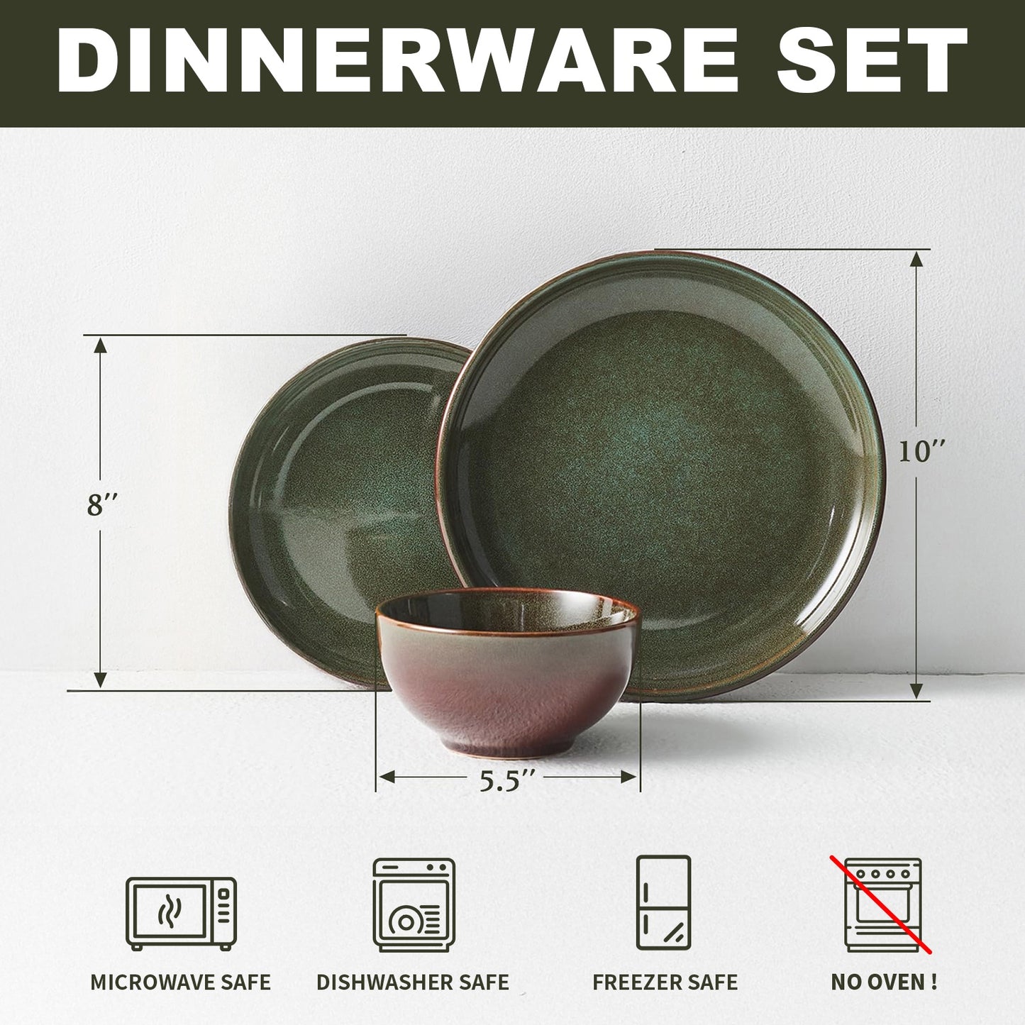 Pokini 12-Piece Stoneware Dinnerware Sets, Plates and Bowls Dish Sets for 4, Brown Green