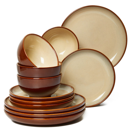 Plates and Bowls Set, POKINI 18 Pieces Stoneware Dinnerware Set, Microwave & Dishwasher Safe Dish Sets, Modern Ceramic Dinner Salad Plates | Cereal Bowls, Dishes Set for 6, Brown Yellow