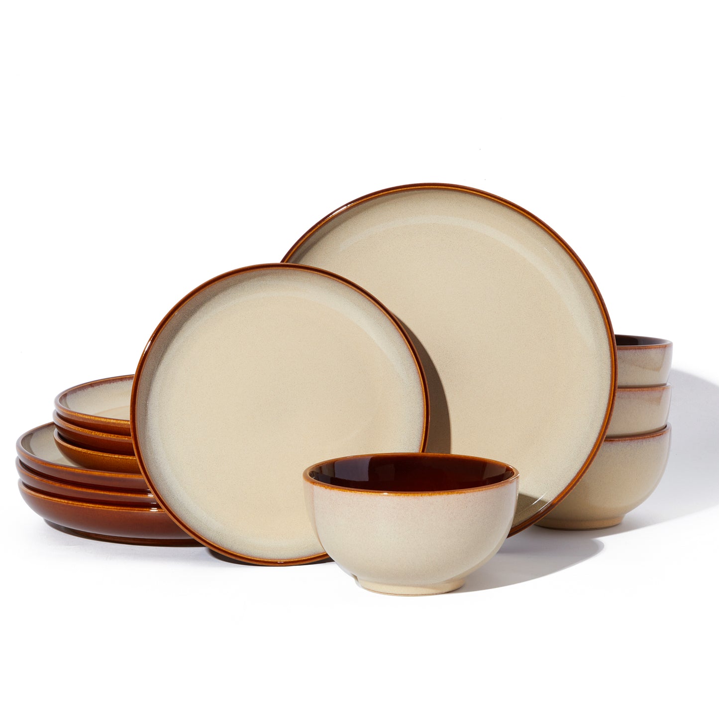 Stoneware Dinnerware Set Service for 4, 12 pcs Reactive Glaze Plates and Bowls Sets, Handmade Round Dishes Set, Highly Chip and Crack Resistant Modern Plate Set, Brown Yellow