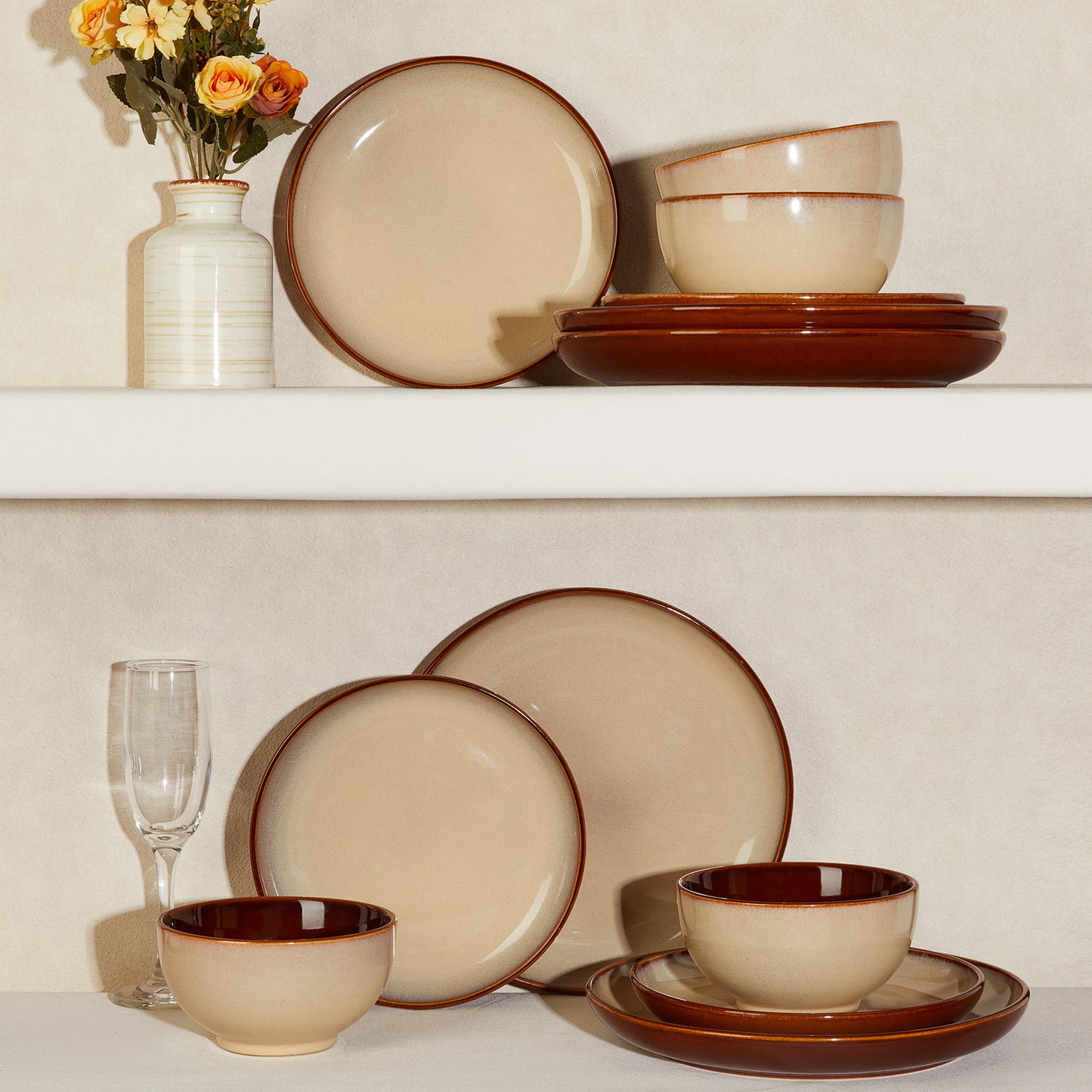 Stoneware Dinnerware Set Service for 4, 12 pcs Reactive Glaze Plates and Bowls Sets, Handmade Round Dishes Set, Highly Chip and Crack Resistant Modern Plate Set, Brown Yellow