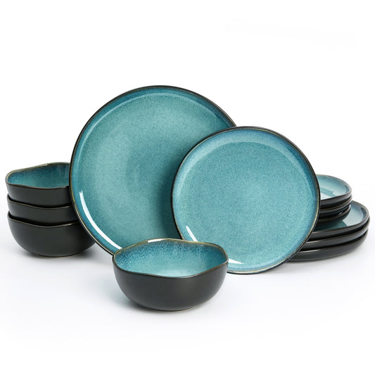 Pokini 12-Piece Stoneware Dinnerware Sets, Kitchen Plates and Bowls Sets, Dish Sets for 4,Green Black