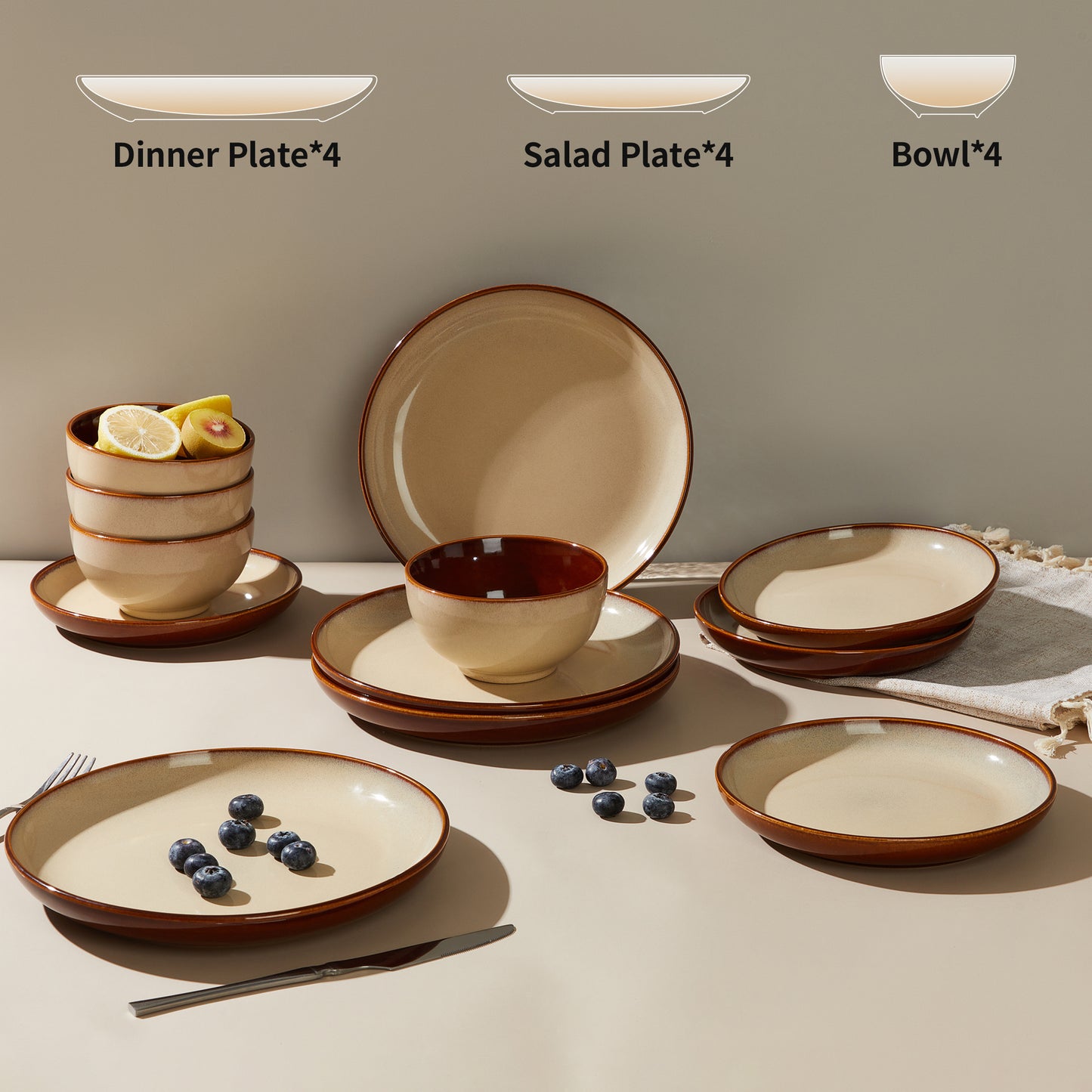 Stoneware Dinnerware Set Service for 4, 12 pcs Reactive Glaze Plates and Bowls Sets, Handmade Round Dishes Set, Highly Chip and Crack Resistant Modern Plate Set, Brown Yellow