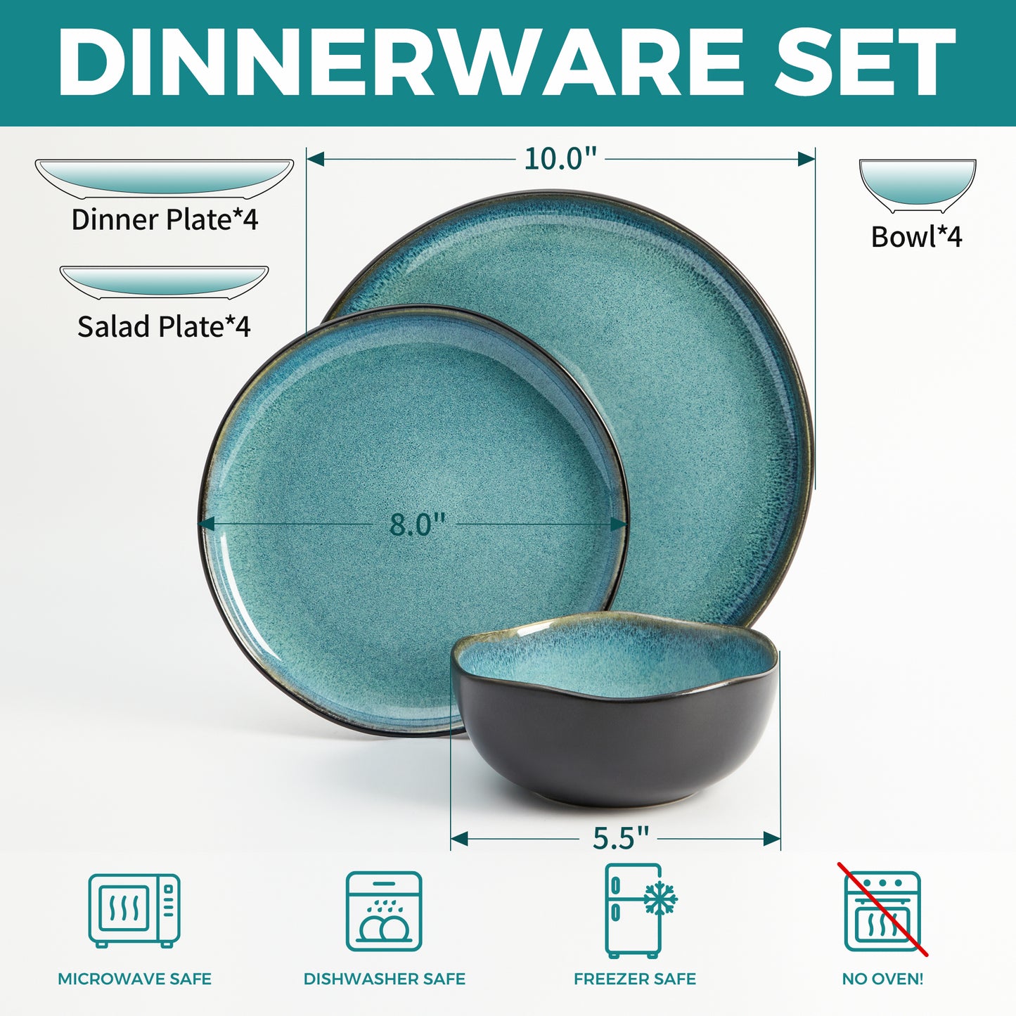 Pokini 12-Piece Stoneware Dinnerware Sets, Kitchen Plates and Bowls Sets, Dish Sets for 4,Green Black