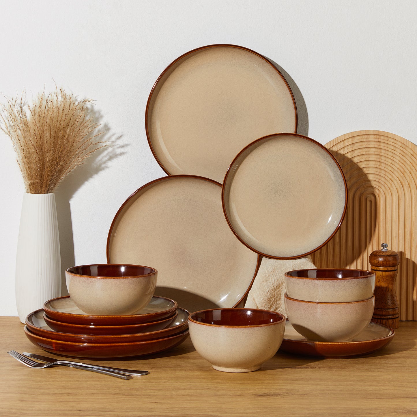 Stoneware Dinnerware Set Service for 4, 12 pcs Reactive Glaze Plates and Bowls Sets, Handmade Round Dishes Set, Highly Chip and Crack Resistant Modern Plate Set, Brown Yellow