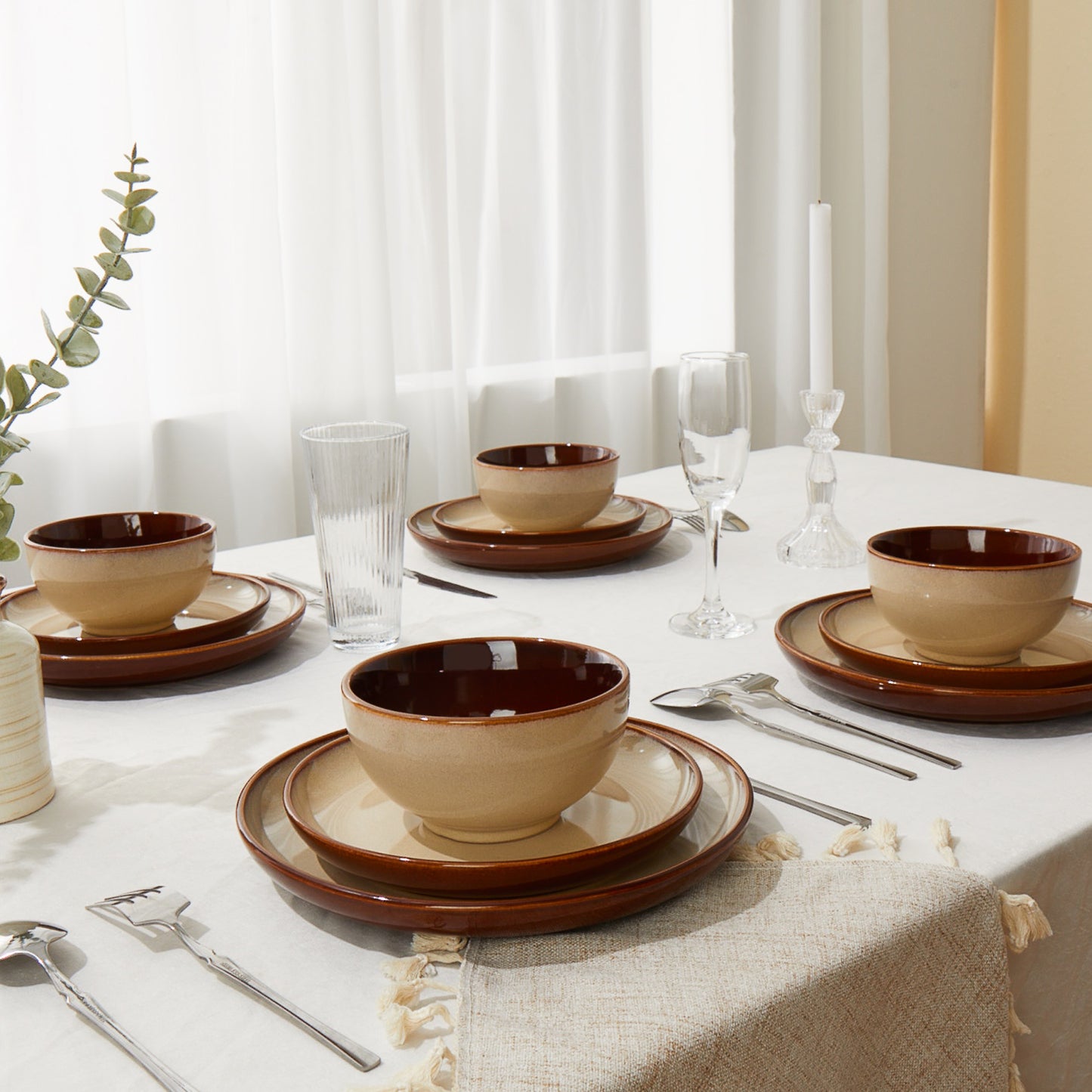 Stoneware Dinnerware Set Service for 4, 12 pcs Reactive Glaze Plates and Bowls Sets, Handmade Round Dishes Set, Highly Chip and Crack Resistant Modern Plate Set, Brown Yellow