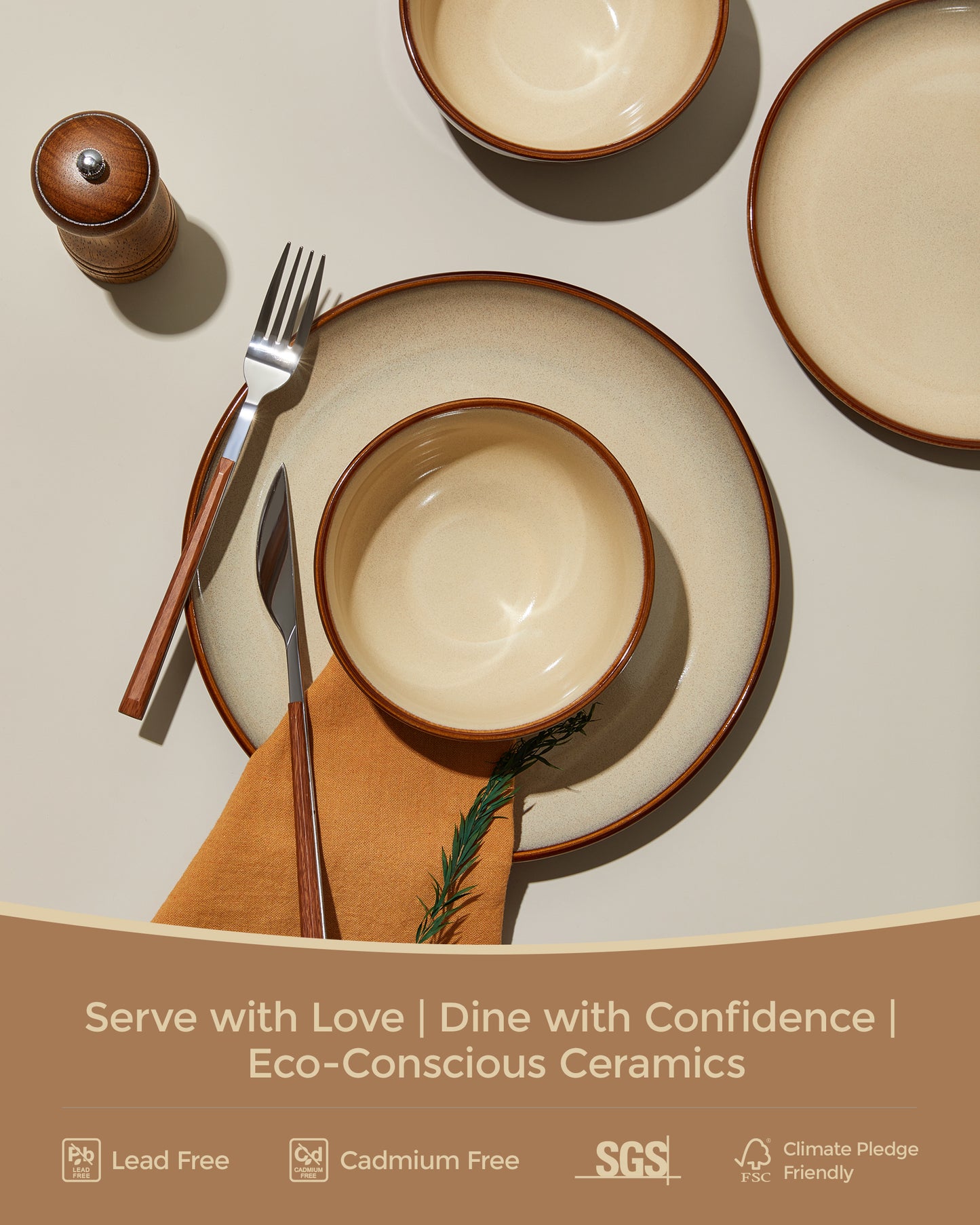 Plates and Bowls Set, POKINI 18 Pieces Stoneware Dinnerware Set, Microwave & Dishwasher Safe Dish Sets, Modern Ceramic Dinner Salad Plates | Cereal Bowls, Dishes Set for 6, Brown Yellow