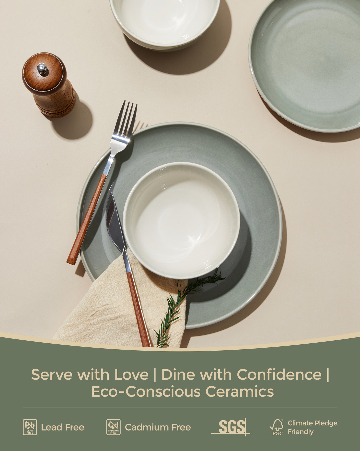Dinnerware Set for 6, POKINI Ceramic Plates and Bowls Set, 18 PCS Handmade Reactive Glaze Dishes Set, Scratch Resistan Round Dish Sets, Dishwasher & Microwave Safe Stoneware Dinnerware Sets,Grey Green
