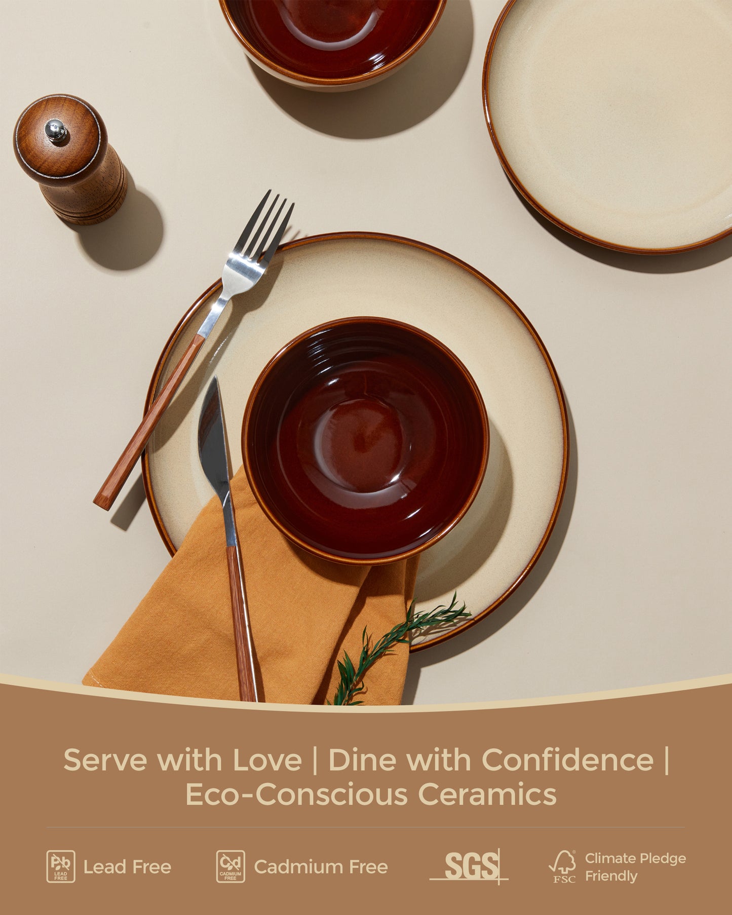 Dinnerware Set, 18 Pieces Stoneware Plates and Bowls Set, Handmade Reactive Glaze Dishes Set, Scratch Resistan Round Ceramic Dish Sets Service for 6, Dishwasher & Microwave Safe, Brown Yellow