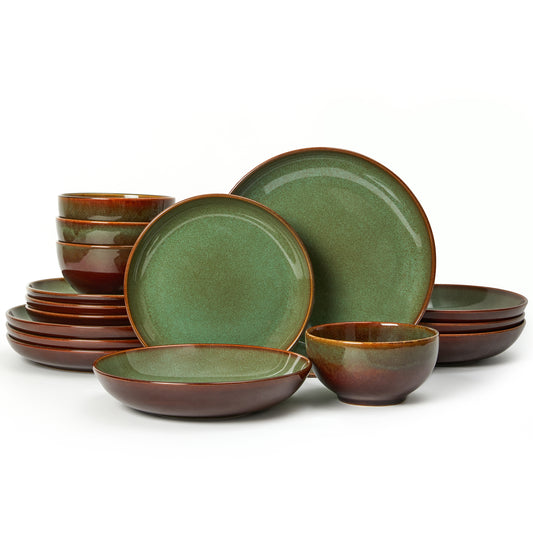 Pokini 16-Piece Stoneware Dinnerware Sets, Plates and Bowls Sets for 4, Dish Sets with Double Bowl,Brown Green