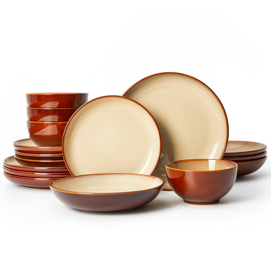 Pokini 16-Piece Stoneware Dinnerware Sets, Plates and Bowls Sets for 4, Dish Sets with Double Bowl,Brown Yellow