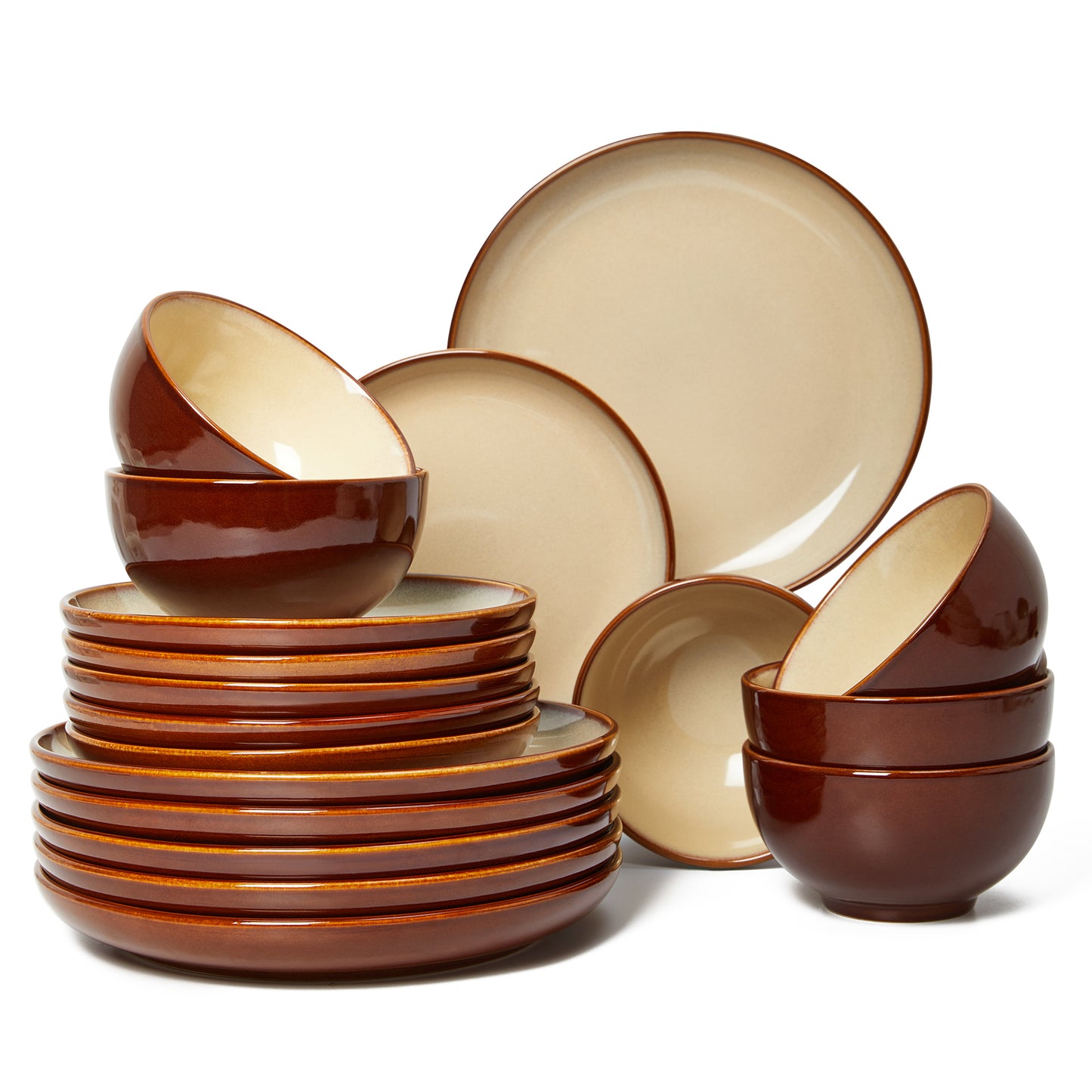 Plates and Bowls Set, POKINI 18 Pieces Stoneware Dinnerware Set, Microwave & Dishwasher Safe Dish Sets, Modern Ceramic Dinner Salad Plates | Cereal Bowls, Dishes Set for 6, Brown Yellow