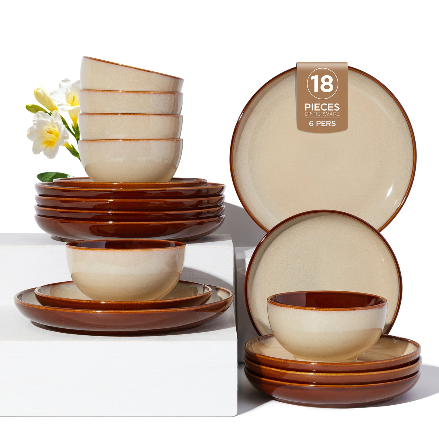 Dinnerware Set, 18 Pieces Stoneware Plates and Bowls Set, Handmade Reactive Glaze Dishes Set, Scratch Resistan Round Ceramic Dish Sets Service for 6, Dishwasher & Microwave Safe, Brown Yellow