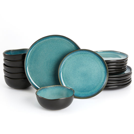 Pokini 18-Piece Stoneware Dinnerware Sets, Kitchen Plates and Bowls Sets, Dish Sets service for 6,Green Black