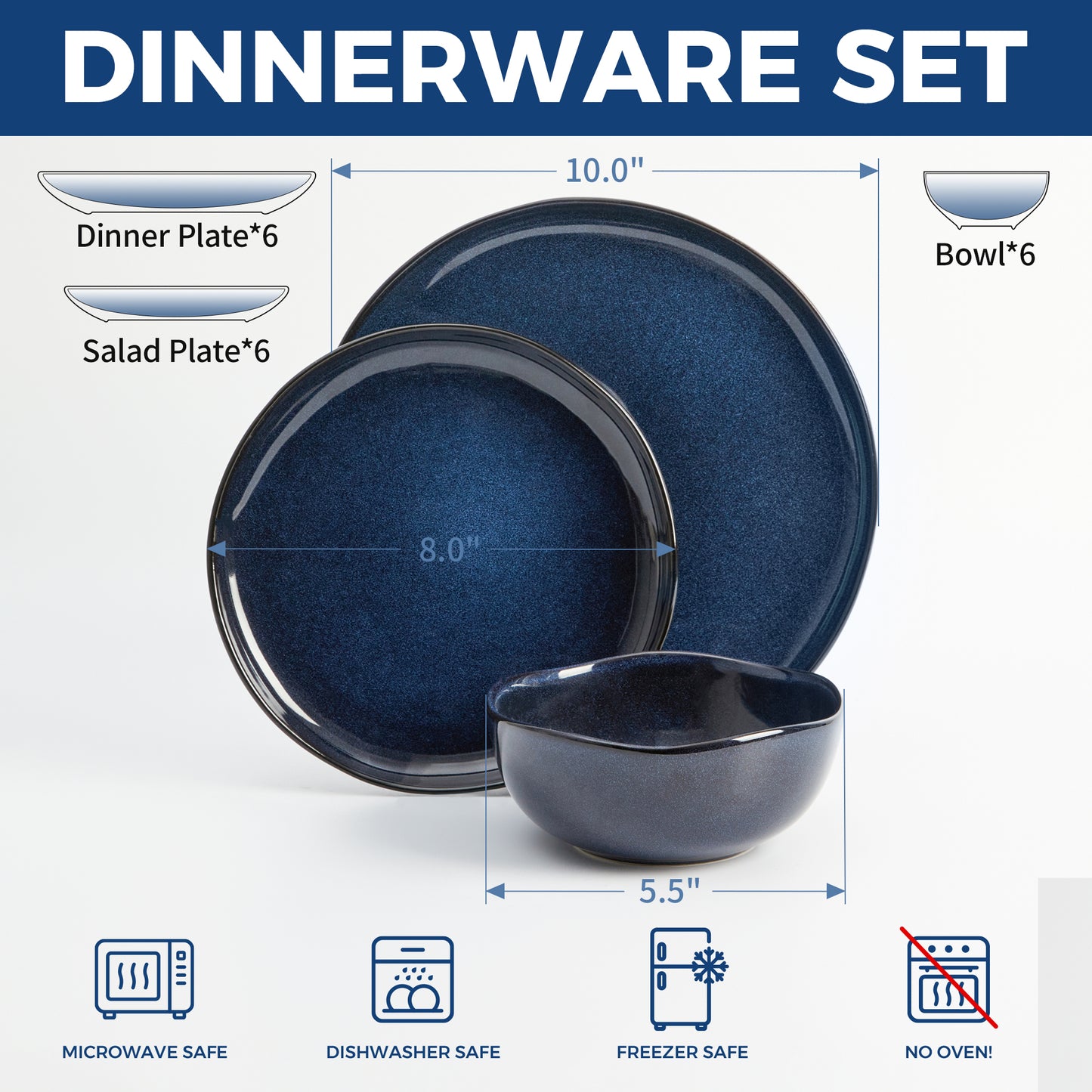 Pokini 18-Piece Stoneware Dinnerware Sets, Kitchen Plates and Bowls Sets, Dish Sets service for 6,Starry Blue