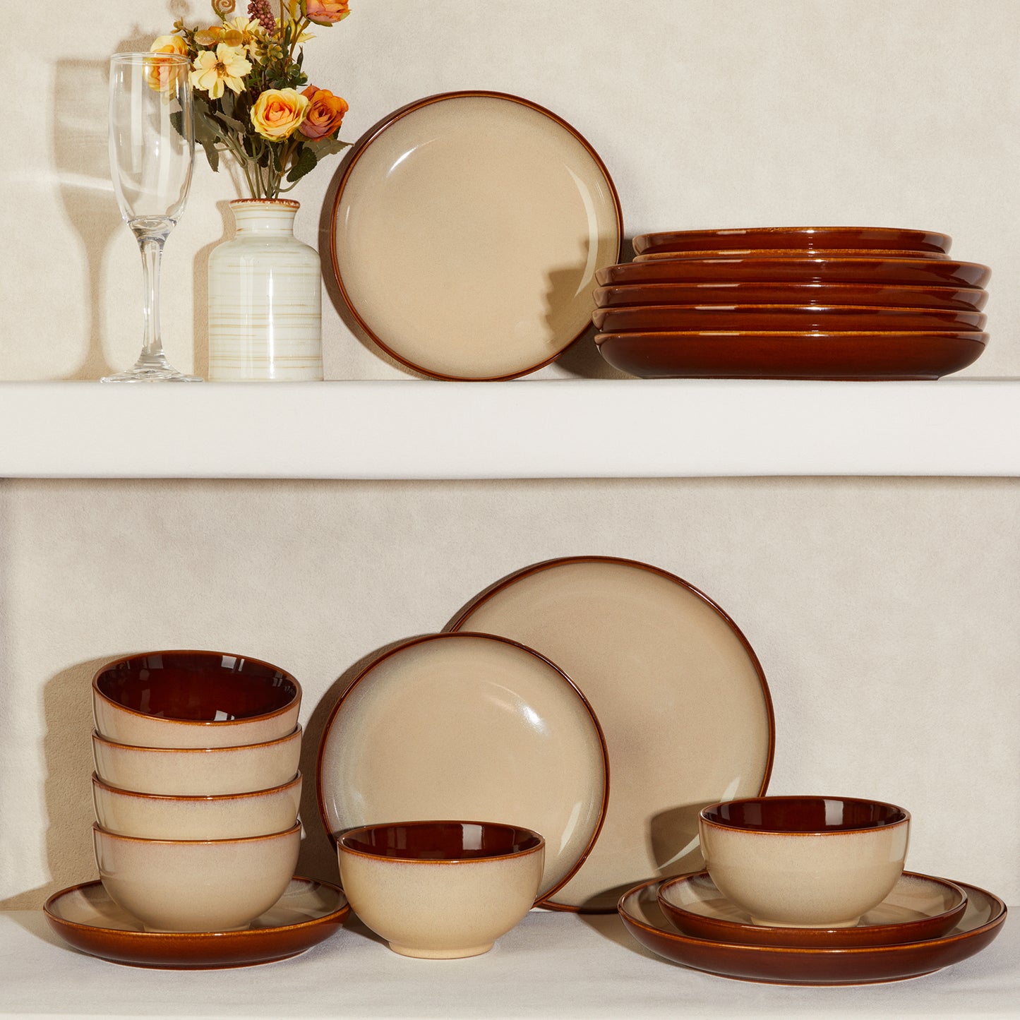 Ceramic Dinnerware Sets for 6, 18 Pieces Stoneware Plates and Bowls Sets, Chip and Crack Resistant Dishes, Dishwasher & Microwave Safe Dishware Sets, Brown Yellow