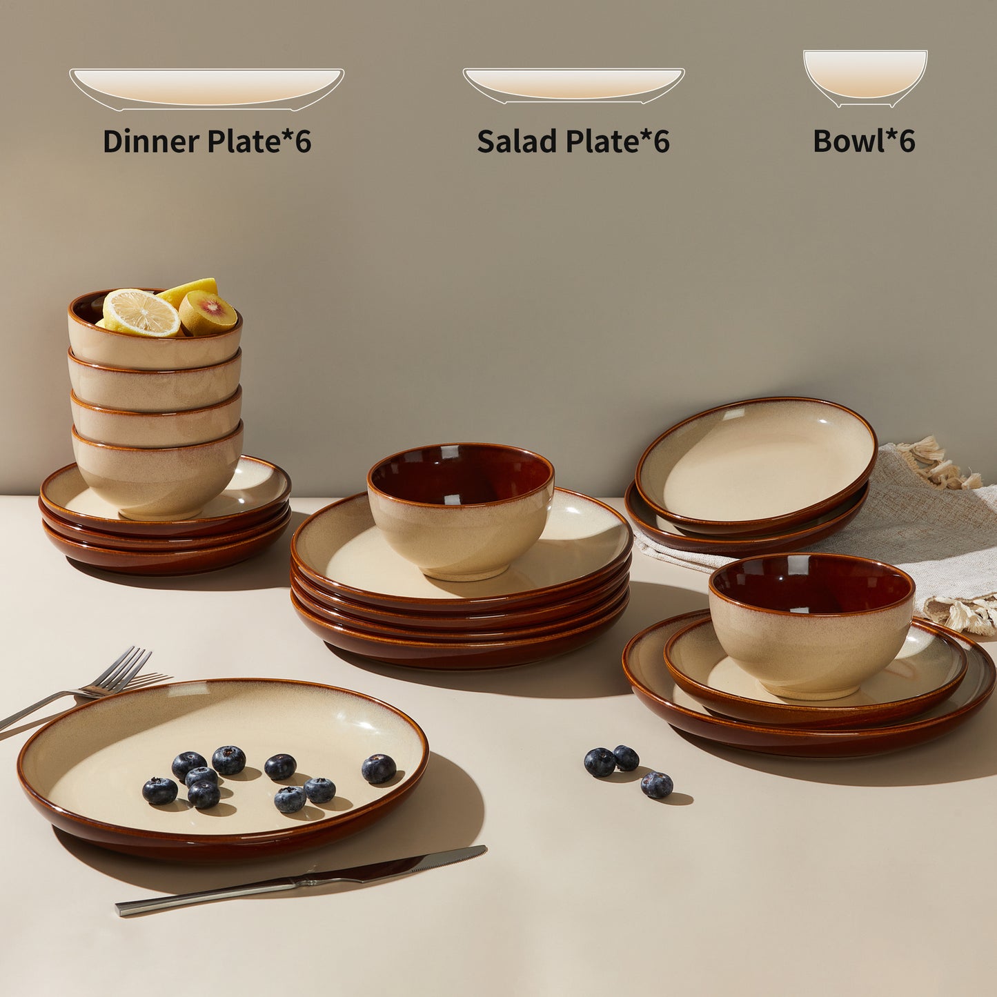 Ceramic Dinnerware Sets for 6, 18 Pieces Stoneware Plates and Bowls Sets, Chip and Crack Resistant Dishes, Dishwasher & Microwave Safe Dishware Sets, Brown Yellow