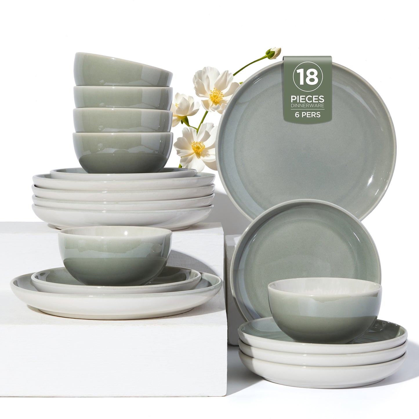 Dinnerware Set for 6, POKINI Ceramic Plates and Bowls Set, 18 PCS Handmade Reactive Glaze Dishes Set, Scratch Resistan Round Dish Sets, Dishwasher & Microwave Safe Stoneware Dinnerware Sets,Grey Green