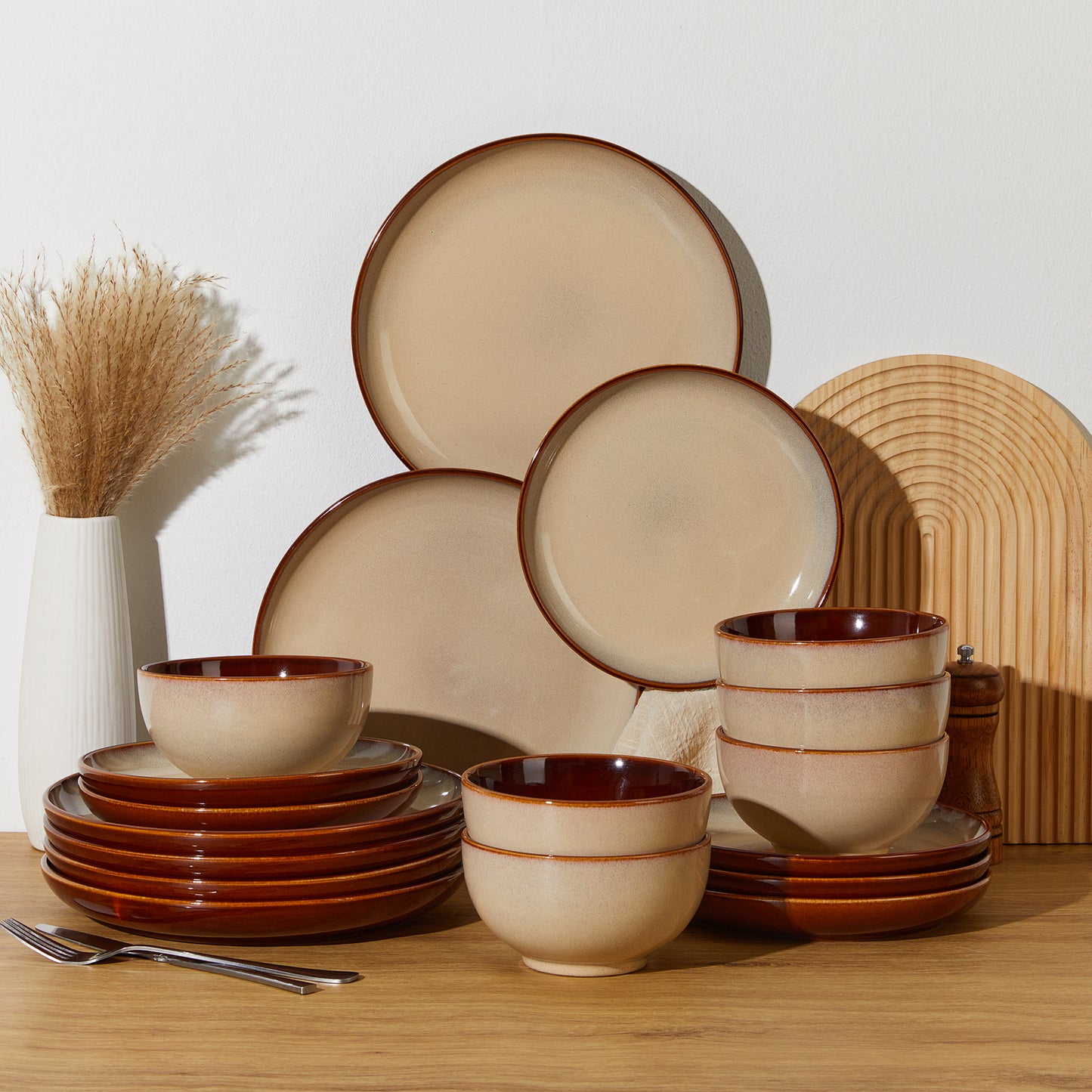 Ceramic Dinnerware Sets for 6, 18 Pieces Stoneware Plates and Bowls Sets, Chip and Crack Resistant Dishes, Dishwasher & Microwave Safe Dishware Sets, Brown Yellow