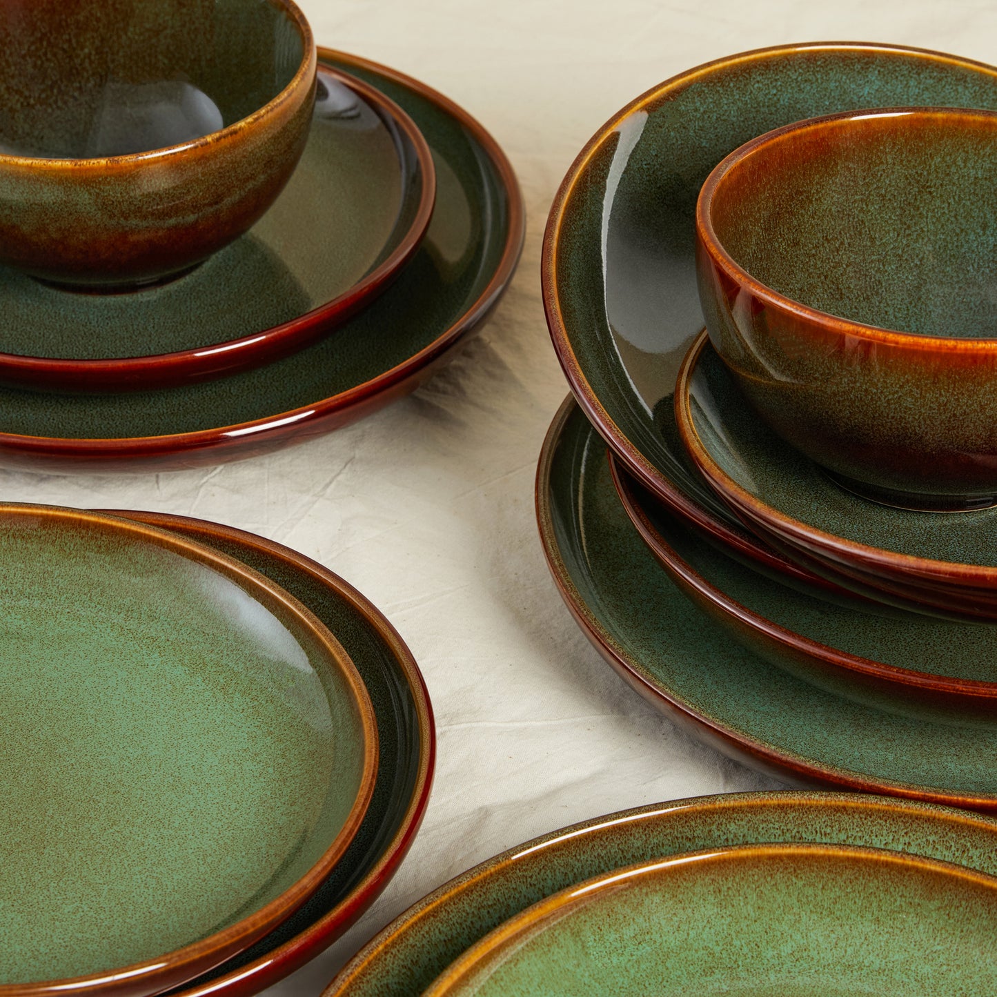 Pokini 24-Piece Stoneware Dinnerware Sets, Plates and Bowls Sets with Double Bowl,Ceramic dish sets service for 6,Brown Green