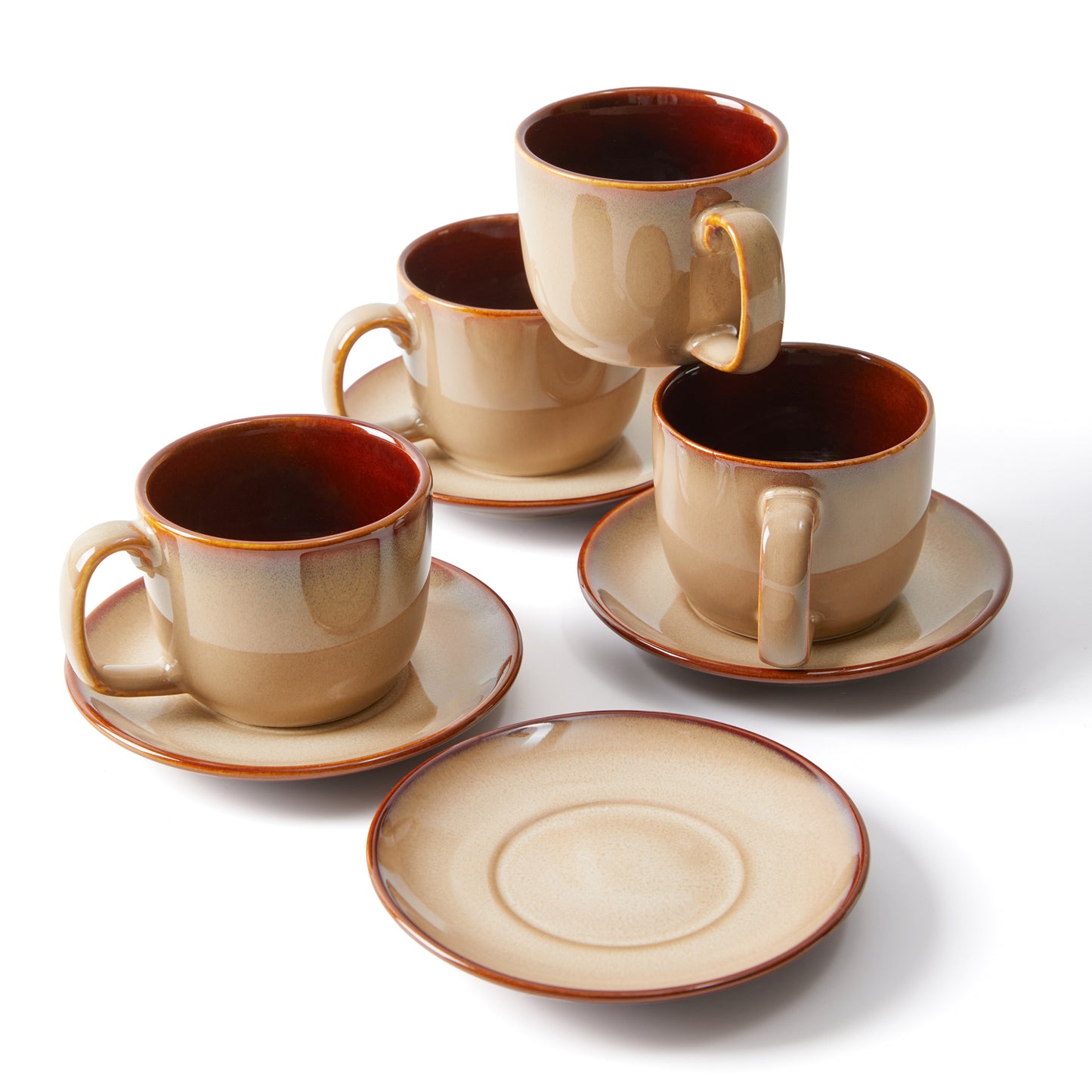 Pokini Stoneware Coffee Cups with Saucers, 6 Oz Cappuccino Cups Set of 4